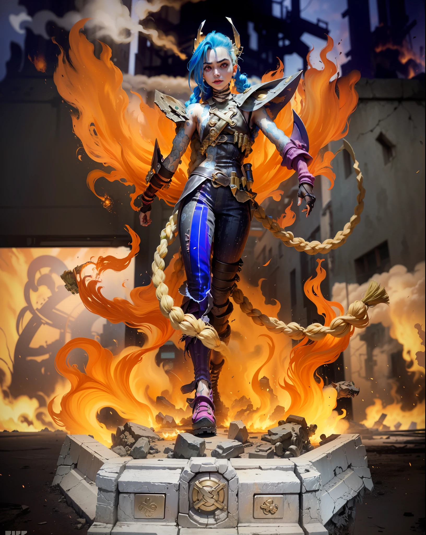 sorriso enorme, sorriso de gatinha, ((melhor qualidade)), ((obra-prima)), (altamente detalhado:1.3), ..3d, estilo arcano,In the dark and brave dystopian town of Piltover, plagued by  and divided into two opposing factions, emerges a young prodigy named Jinx. Having endured unimaginable losses and abandonments, She embraced a life of chaos and destruction. Conhecida por suas habilidades inventivas e explosivas, Jinx becomes an icon of rebellion against the oppressive forces that control the city. No entanto, haunted by guilt and battling inner demons, She must confront her past and decide whether to continue on the path of anarchy or seek redemption in the midst of turmoil. Explore Jinx's journey as she navigates a treacherous world, Fighting for survival, unraveling secrets and discovering the true meaning of his twisted existence, ou caos rainha suprema, and at the heart of it all is Jinx, The embodiment of unpredictability. Mergulhe fundo na mente distorcida de Jinx, exploring the origins of his madness and the driving force behind his destructive nature. Desvende os momentos que a moldaram aos enlouquecidos, iconic character we know. Take us on a wild journey through the vibrant streets of Piltover and the shadowy suburb of Zaun as Jinx wreaks havoc with his explosive arsenal. Redemption may find its way into Jinx's fractured soul? Or she'll dance forever on the edge of sanity, embracing the chaos that fuels his very existence? Arcane's fate hangs in the balance as Jinx's path intertwines with unlikely allies and formidable enemies. Ignite your imagination and paint a vivid portrait of Jinx's twisted psyche, capturing the essence of her madness and the indomitable spirit that defines her, HDR (high dynamic range), ray tracing, NVIDIA RTX, Super-Resolution, irreal 5, Subsurface scattering, PBR Texturing, Post-processing, anisotropic filtering, profundidade d