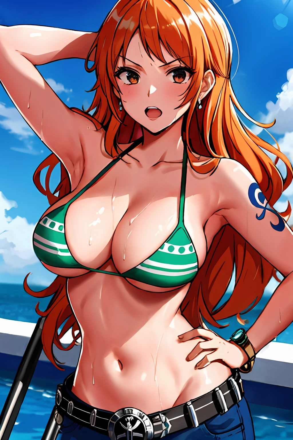 detailed background, masterpiece, 4k, best quality, late youth, adult, wrestler body, 1girl, active, energic, uppercut, (large mouth) , solo, nami \(one piece\), 1girl, bangle, (very wet, drenched in sweat, sweat all over body, very wet hair, tired, taking breath, open mouth, exhausted, shouting, sweaty face, sweaty body, sweating too much, shiny sweat, sweaty armpit, leaning, hands on hips, serious, glaring, open eyes), perfect detailed face, bold drawing lines, muscular arms, detailed bold arm lines, flat jaw, adult woman, wavy wide streaked bangs, floating bang, (big cheeks), bare shoulders, off-shoulders, belt, bikini, bikini top only, blue sky, bracelet, springy breasts, breast lines, big round eyes, very big brown shiny eyes, bubbles, high eye position, cleavage, cloud, day, denim, earrings, floating hair, shiny hair, green belt, green bikini, bold groin lines, jeans, jewelry, medium breasts, log pose, long hair, looking at viewer, navel, wet hair, orange hair, pants, shoulder tattoo, sidelocks, sky, solo, standing, stomach, swimsuit, tattoo , looking at viewer, open mouth, detailed left arm, big forehead, hourglass figure, small head, toned body, wide hair, wind effect, sun effect, under the sun, narrow small ears angle, older, random poses,