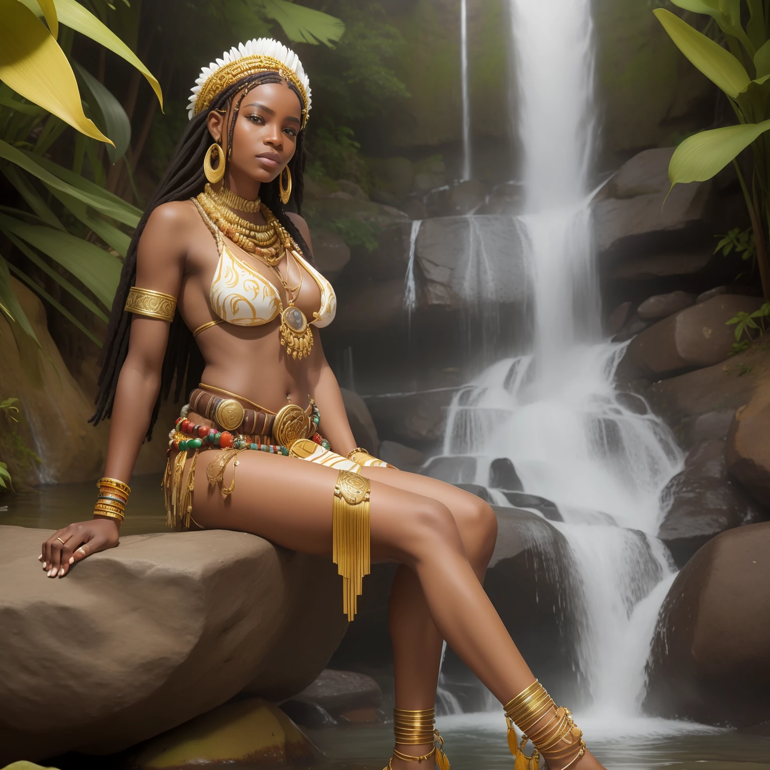Orisha oxum, Deusa africana, African accessories, with slot belt with conch shells, cinto dourado, colares Zulu, Nigeria, cachoeira, lilies, Afrofuturismo, misticismo, African culture, tribal makeup, Orisha oxum, with necklace around African style, with bare breasts adorned with golden bracelets;, saia longa dourada, belt with gold coins and whelks, braided hair and mirror in hand in a waterfall with white lilies on feet,