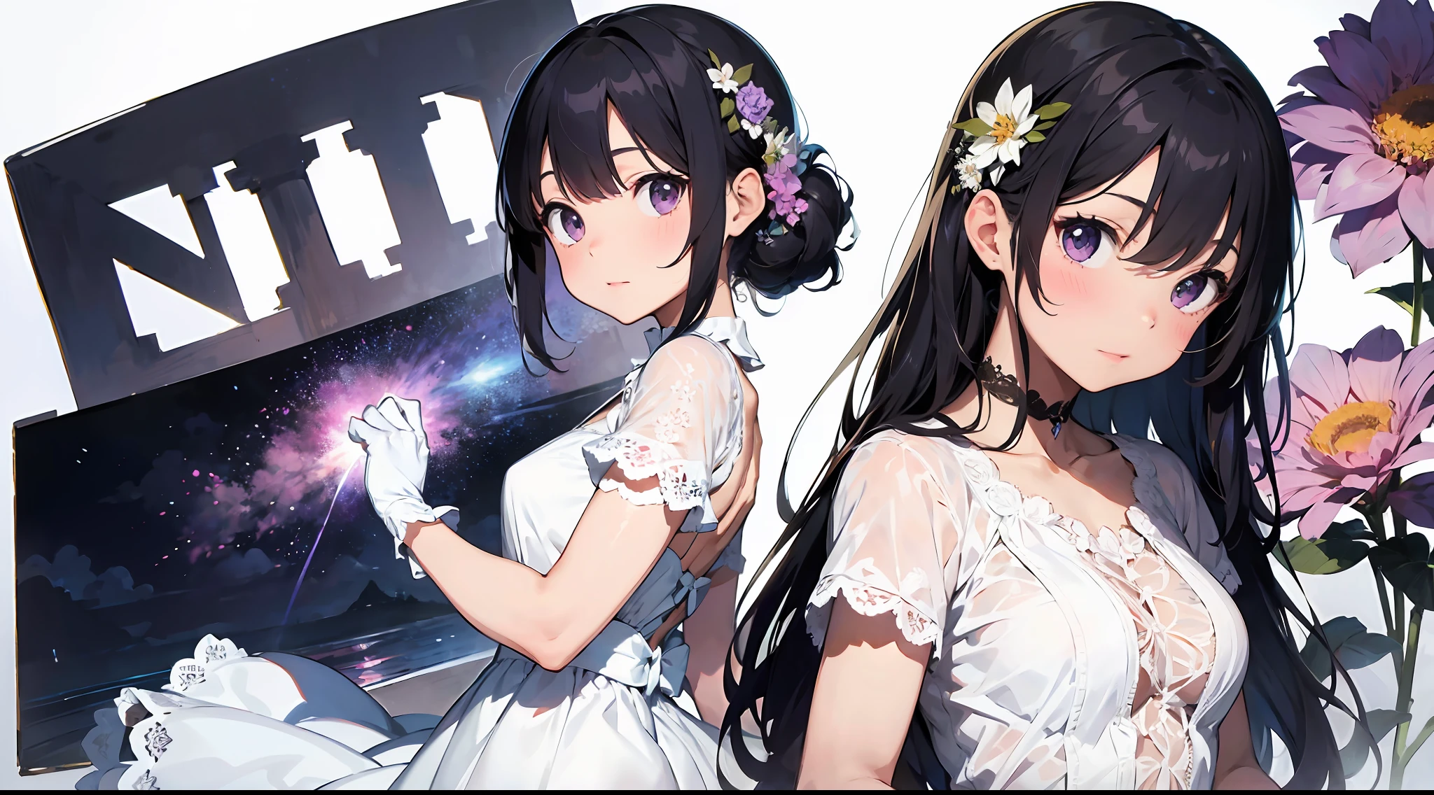 (Masterpiece), Best quality, (character sheets,Same character), wears a white dress,Purple lace,(White lace gloves,Purple lace),There are flowers on it, Modern art,Lace gloves