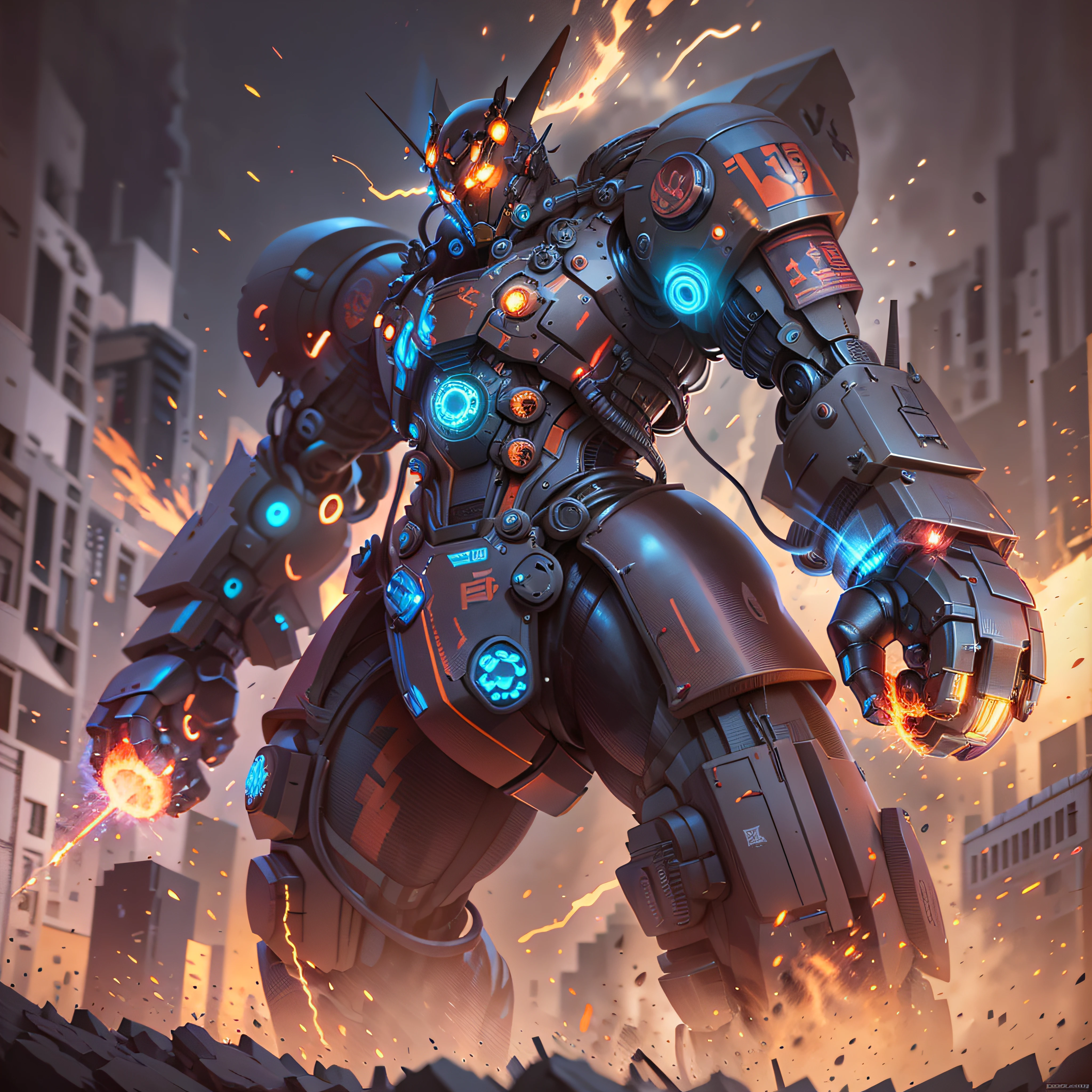 An incredible color aerial view daguerrotype of realistic looking Mazinger Z. a towering giant robot, standing at 20 meters tall. It boasts a powerful and robust frame, adorned with vibrant red and blue colors. Its head features a horn-like crest and glowing eyes. With rocket-powered fists and energy-based laser cannons, it's a formidable force. Dynamic visual effects, like flames and sparks, highlight its immense power. It represents strength, courage, and unwavering determination in the face of adversity. He is fighting against a Kaiju, a horrid intergalactic outer space foul ogre in the middle of Tokio, Japan, in 1973. You can see the perfect details in his body made of a rare metal alloy. Encaustic