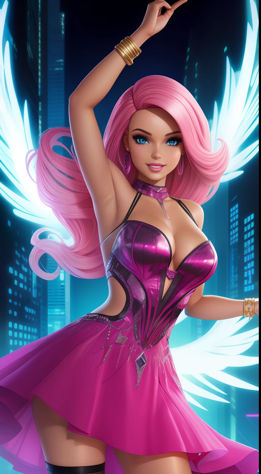 lustração digital, uma mulher feliz com cabelo loiro, Dancing woman, Cyberpunk, vestido de rosa, Escura, olhos azuis iluminados, sorridente, Enquadramento aberto, Comprimento total. estilo barbie, detalhes sobre roupas. beleza angelical.