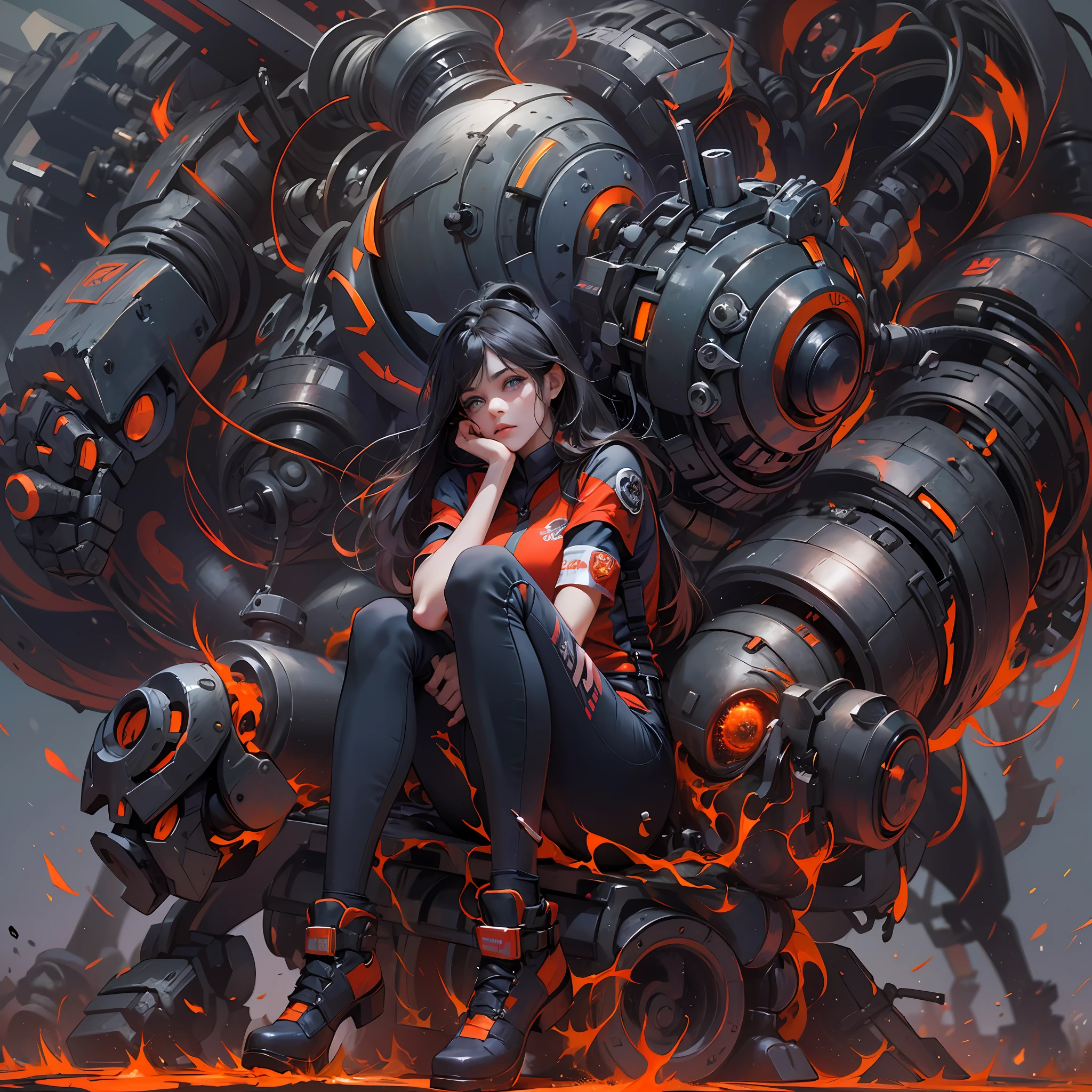 (obra prima), (trending on ArtStation), (hiper detalhado), Girl sitting on top of a giant robotic hand, (design de camisetas), medium breasts, Curvy, grandes olhos sonhadores, (circuitos brilhantes), (cores vibrantes e contrastantes), WMASK, Capuz estilizado cinza com orelhas de coelho, Preto verde vermelho, black pants, sapatos vermelhos, cabelos absurdamente longos, (goo verde brilhante)