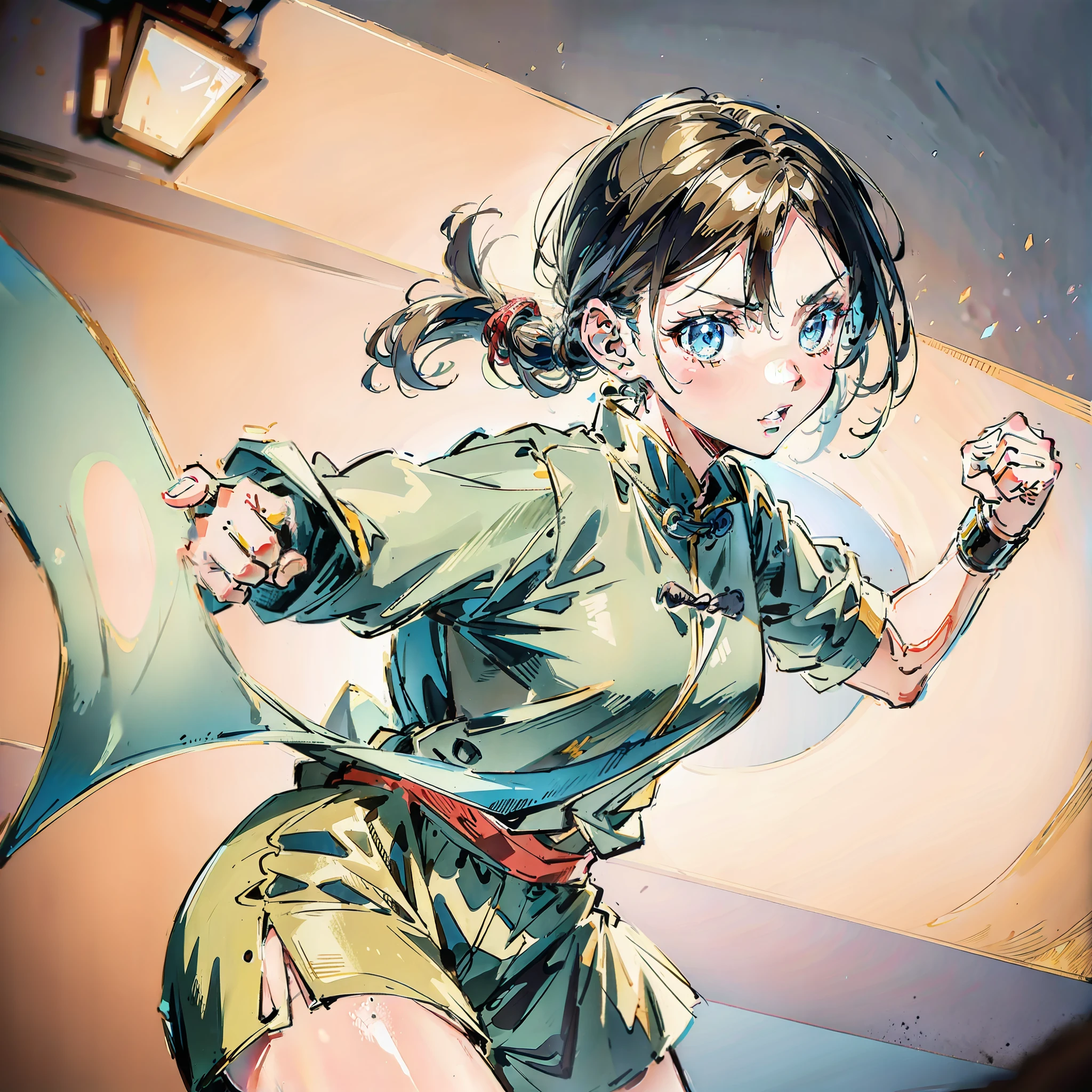 An ancient Chinese girl is boxing, a fist sticking out, hitting the front