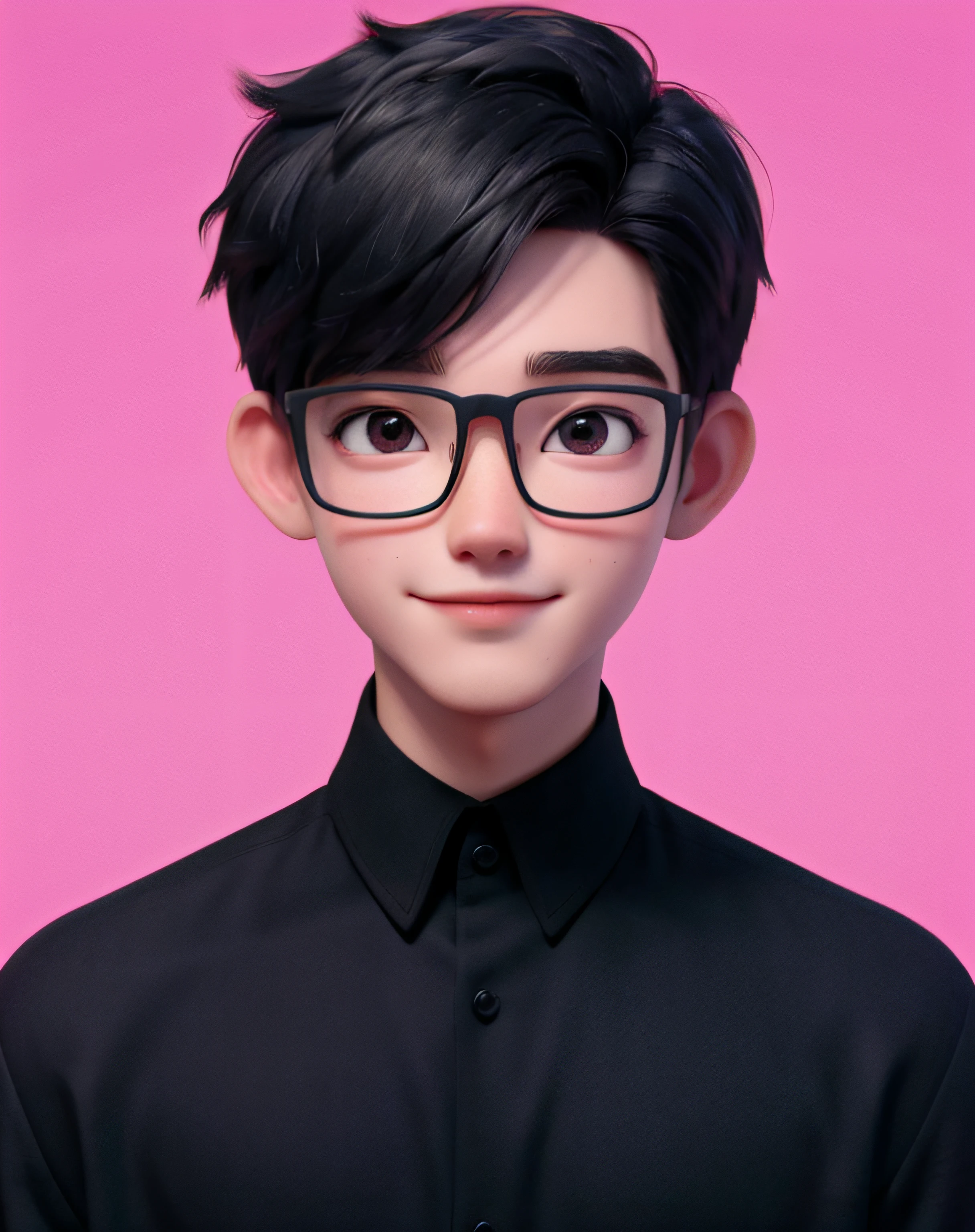 "Best quality, 1 boy and 1 man, ages 30, solo, cartoon 3D portrait, minimalist background, short black hair, pink lips, black shirt, black glasses, direct gaze."