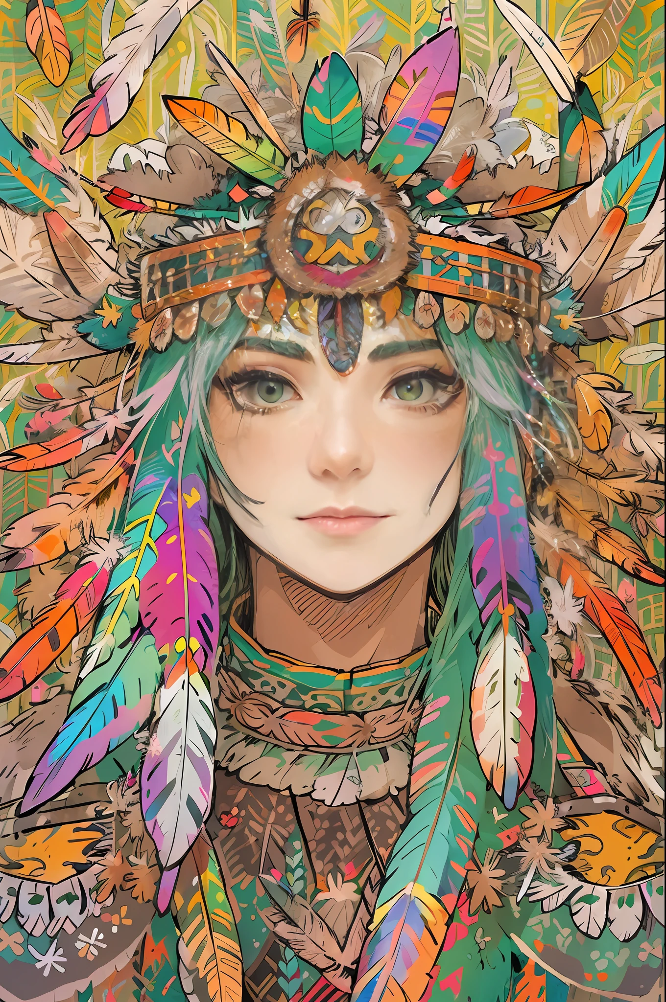 masterpiece, absurd, high res, super fine detail, high quality, good color, good color effect, portfolio, one girl, (eagle feather crown:1.8), (lots of colorful feathers covering her head:1.8), ethnic tattoo,
Beautiful eyes, young face, dignified expression, beautiful, stylish, cool
(ink painting, shading method: 1.5), white hair, long hair, straight hair, Super precise background, detailed drawing, (lots of feathers background:1.5),