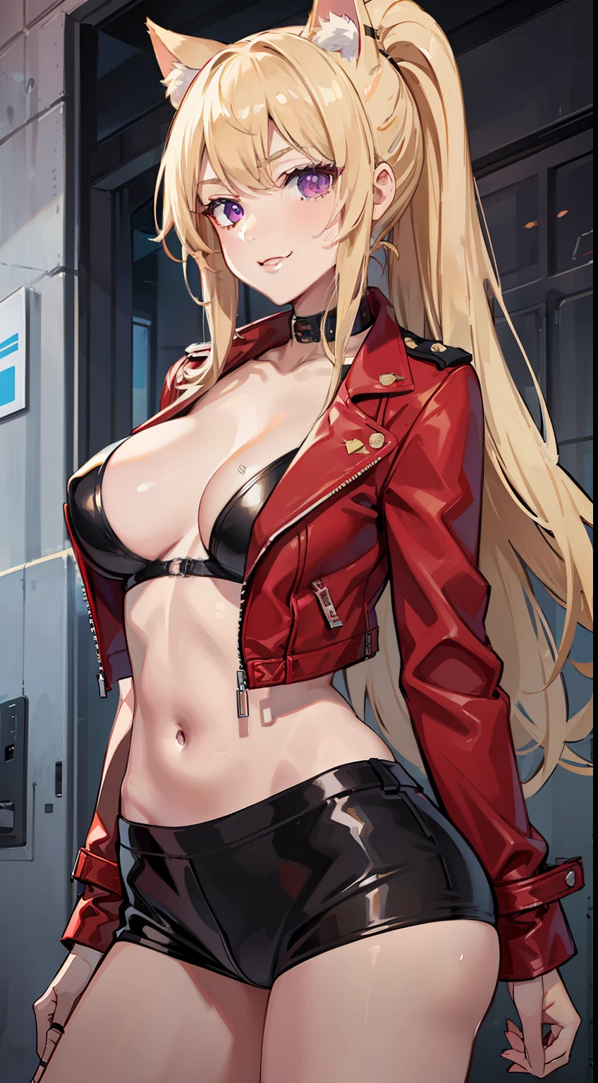 young girl, longue blonde hair, high ponytail, cat ears, violet eyes, red leather jacket, briefs, open belly, neckline on the chest, underbreasts, Scars, smirk, cigarette, Masterpiece, hiquality