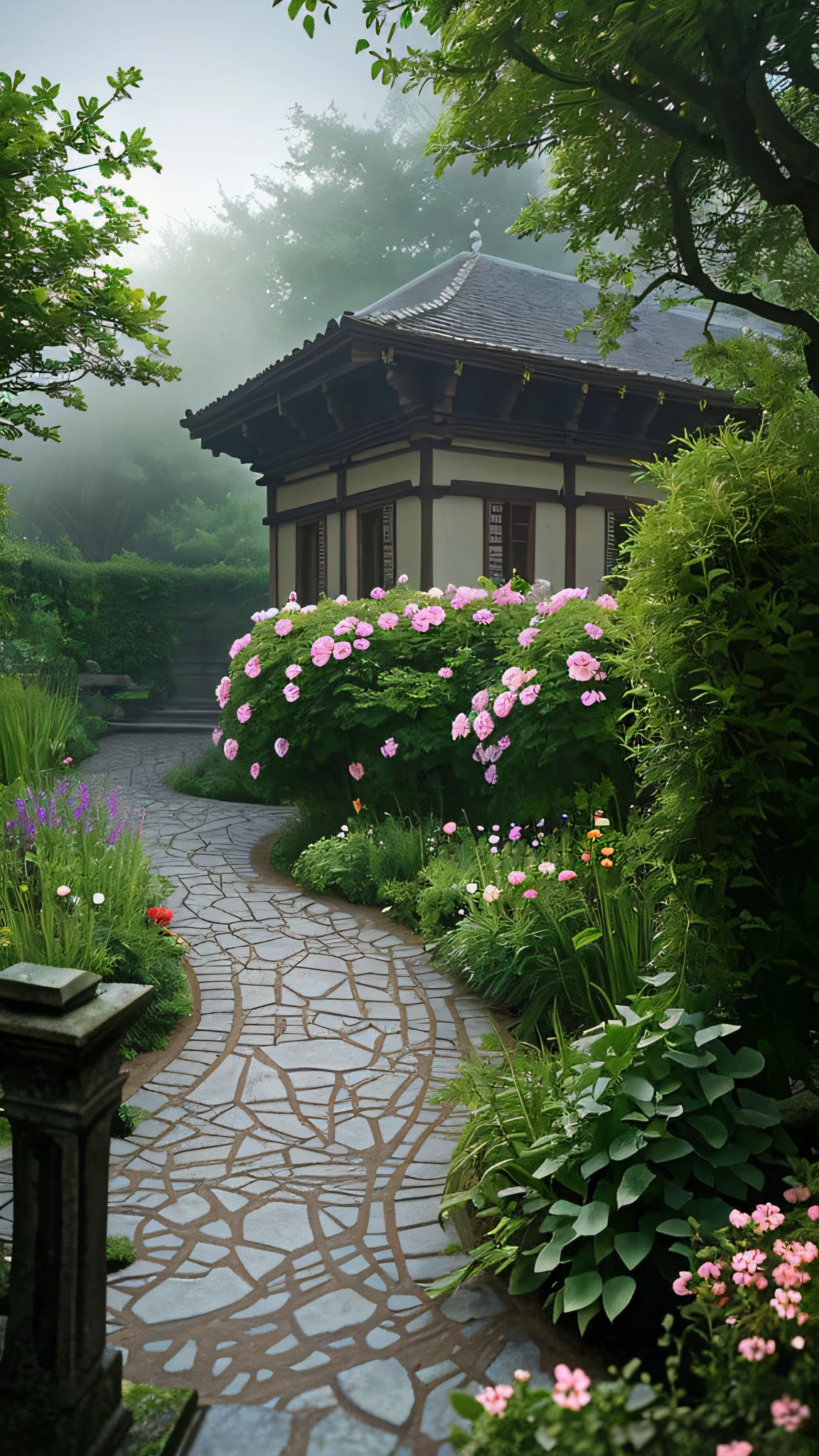 There is a path to the house,Flowers in front, Beautiful garden, Misty Garden, quiet and serene atmosphere, flowers garden, beautiful ancient garden behind, Garden background, Garden landscape, Realistic garden, flowers rain everywhere, lush garden in the background, beautiful house on a forest path, soothing and cozy landscape,