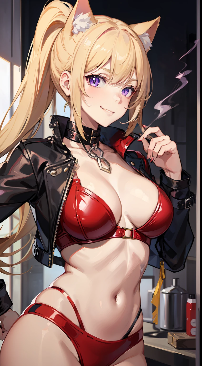 young girl, longue blonde hair, high ponytail, cat ears, violet eyes, red leather jacket, briefs, open belly, neckline on the chest, underbreasts, Scars, smirk, cigarette, Masterpiece, hiquality