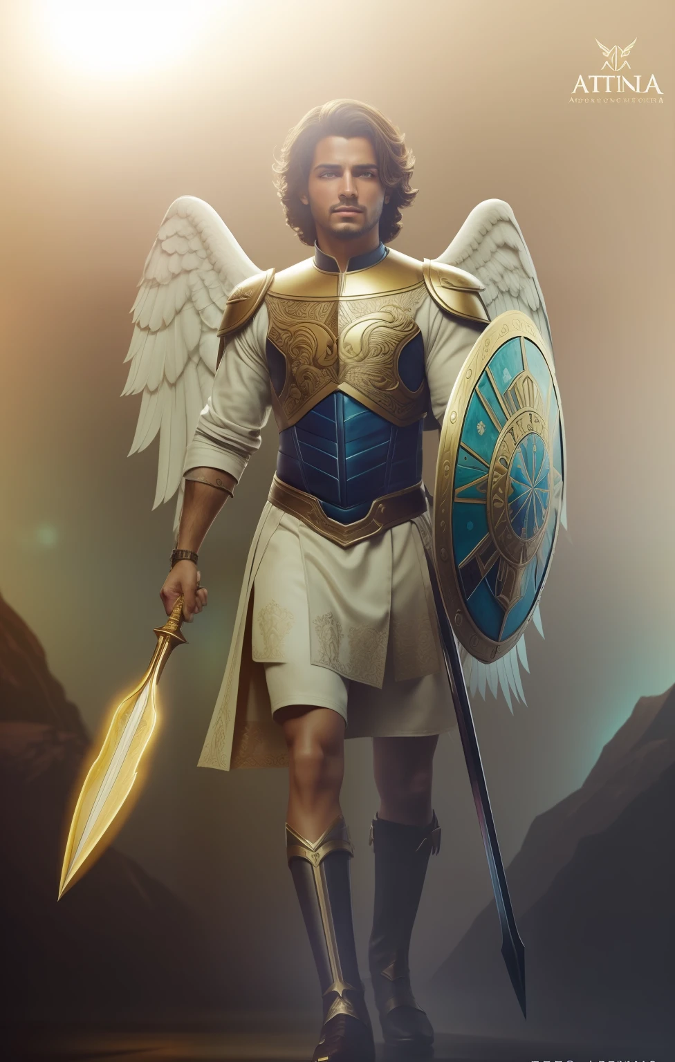 Archangel Michael very manly, con alasmuy grandes, sin barba alguna. En traje de guerrero medieval. con espada y escudo. Joven hombre CAUCASICo. 20 years old. ultra detailed fine art photography, Aura de medianoche, cielo nocturno, Cara hermosa detallada, Dreamy, resplandeciente, retroiluminado, glamur, Mica, sombras, oil on canvas, Pinceladas, Suave, ultra-high def, 8k, Motor Unreal 5, Ultra Sharp Focus, Arte de Alberto Seveso, Artgerm, loish, Sf, Obra maestra de arte intrincada, ominoso, matte paint movie poster, golden ratio, tendencias en CGSociety, intrincado, epopeya, tendencias en Artstation, por artgerm, Altamente detallado, vibrant production cinematic character render ultra high quality model. obra maestra, calidad superior, mejor calidad, arte oficial, beautiful and aesthetic: 1.2), , extremo detallado, colorido, highest detailed, arte oficial, unidad de papel tapiz 8k, ultra detallado, beautiful and aesthetic, hermoso, obra maestra, mejor calidad,