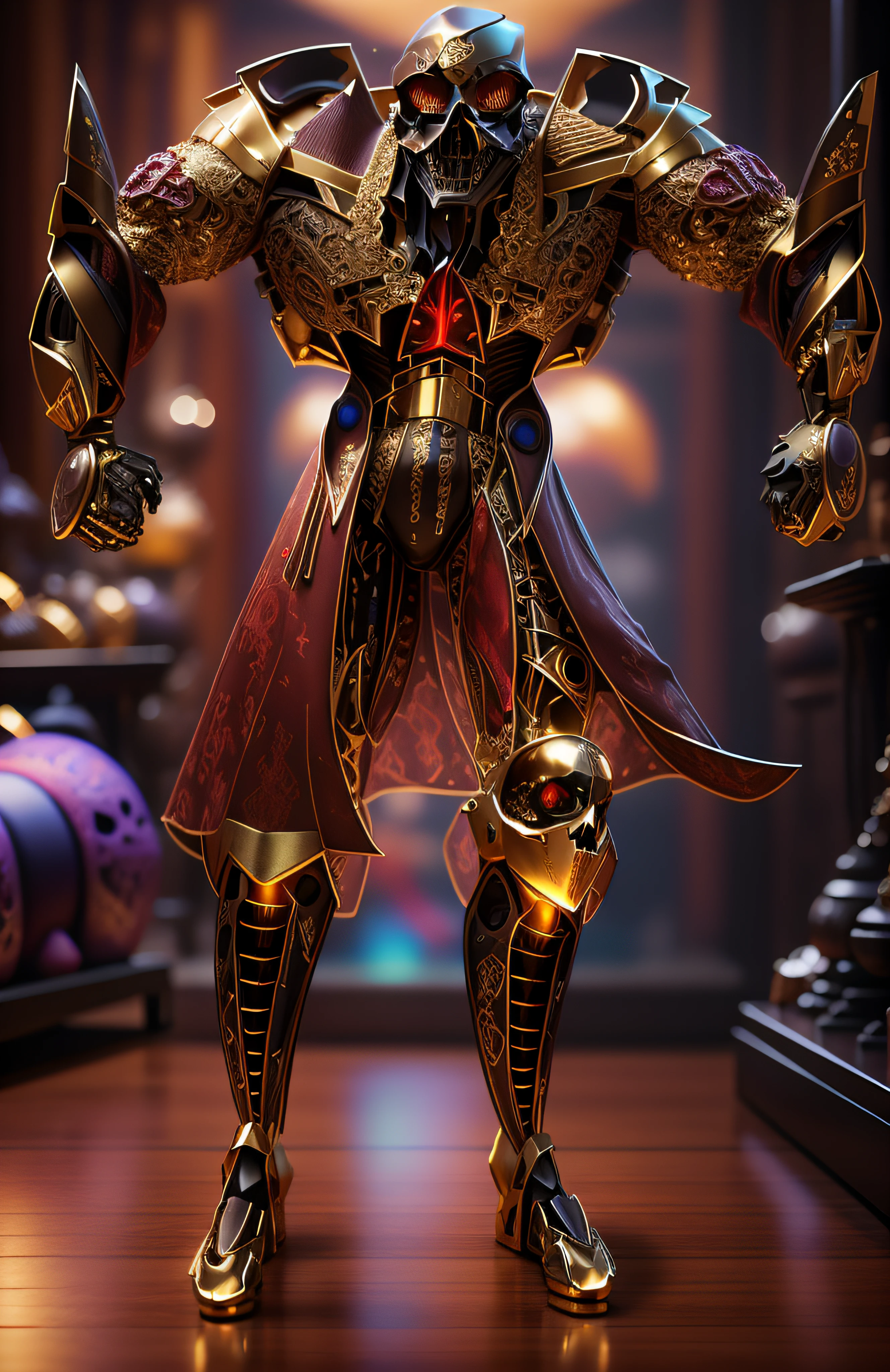 The sinister depiction of a skull-themed pirta, vermelho-rubro luminoso e bege com dourado, pele feita de neon amarelo, 3D-rendering, Hyper-realistic graphics, 3D-rendering, 8k, NVIDIA, RTX 4090 | | | | | | | | | | | | | | |, ray tracing, Bokeh, Galaxy scenery,