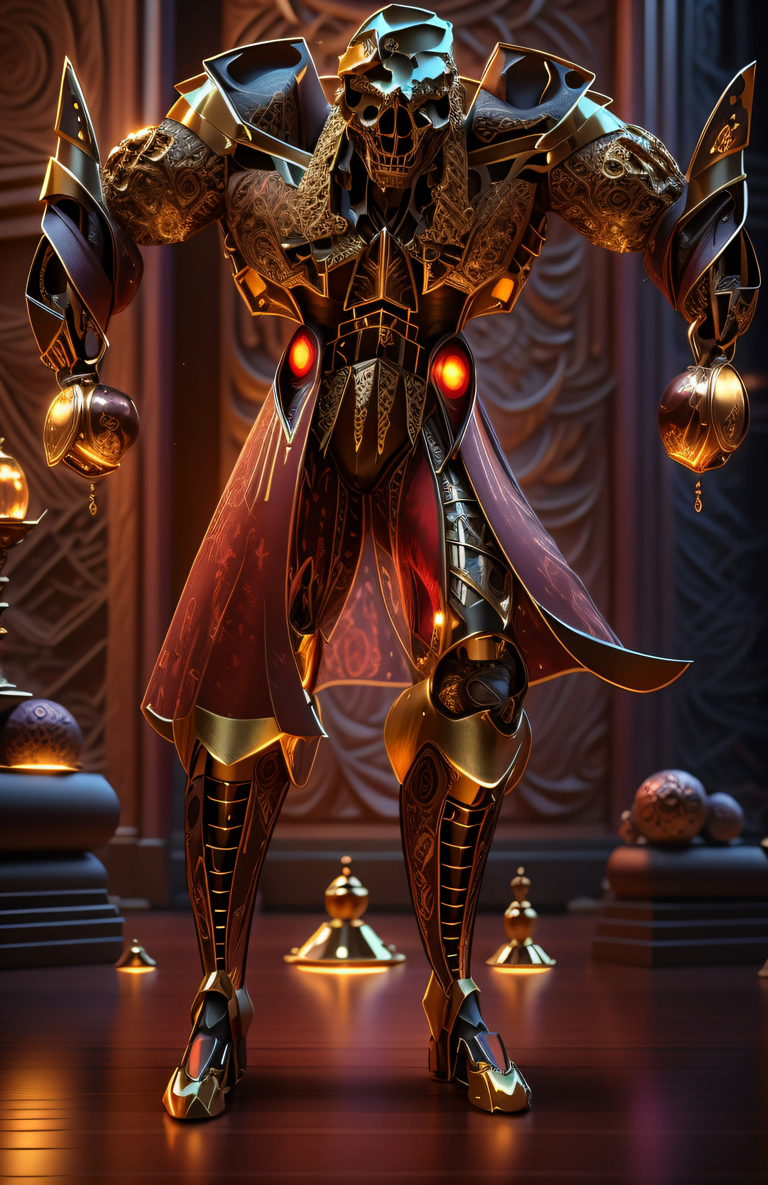 The sinister depiction of a skull-themed pirta, vermelho-rubro luminoso e bege com dourado, pele feita de neon amarelo, 3D-rendering, Hyper-realistic graphics, 3D-rendering, 8k, NVIDIA, RTX 4090 | | | | | | | | | | | | | | |, ray tracing, Bokeh, Galaxy scenery,