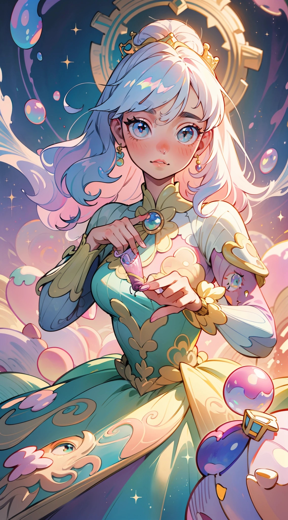 masterpiece, best quality, 8k resolution, sharp focus, intricate detail, beautiful girl, sparkling eyes, golden ratio face, otherworldly liquid, watercolor, ((pastel colors)), bright colors, whimsical, colorful, sharp focus, high resolution, fine detail, princess fantasy ballgown, ((round eyes)), iridescent bubbles, castle landscape in background