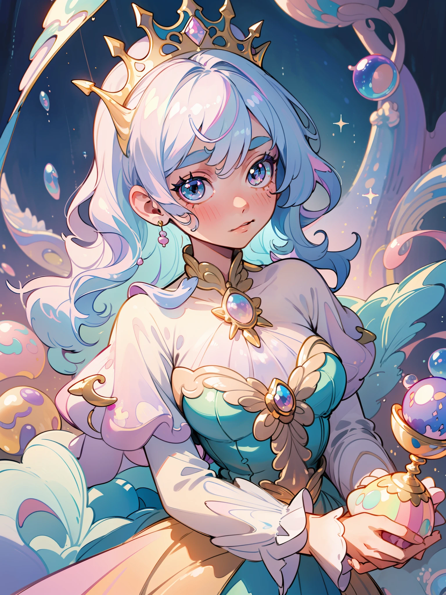 masterpiece, best quality, 8k resolution, sharp focus, intricate detail, beautiful girl, sparkling eyes, golden ratio face, otherworldly liquid, watercolor, ((pastel colors)), bright colors, whimsical, colorful, sharp focus, high resolution, fine detail, princess fantasy ballgown, ((round eyes)), iridescent bubbles, castle landscape in background