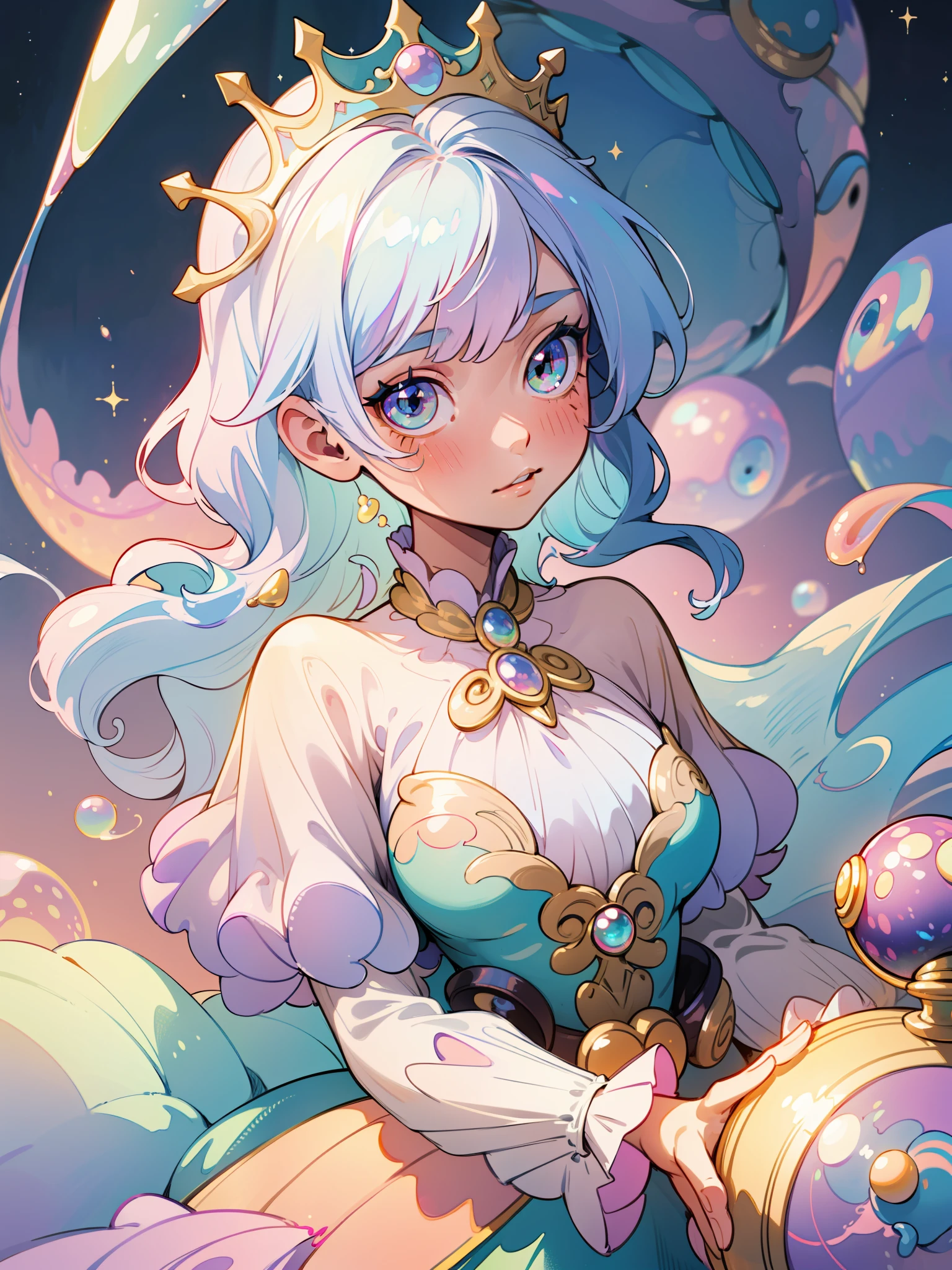 masterpiece, best quality, 8k resolution, sharp focus, intricate detail, beautiful girl, sparkling eyes, golden ratio face, otherworldly liquid, watercolor, ((pastel colors)), bright colors, whimsical, colorful, sharp focus, high resolution, fine detail, princess fantasy ballgown, ((round eyes)), iridescent bubbles, castle landscape in background