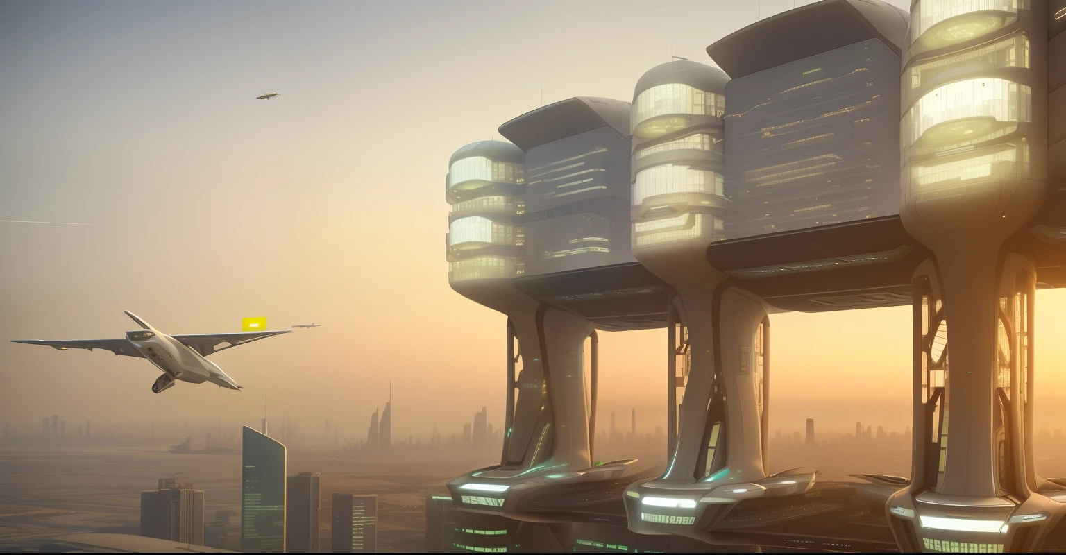 There is a plane flying over a city with a building in the background, trem elevado cyberpunk, skyscrapers and flying cars, floating city in the sky, futuristic utopian architecture, outra palavra futurista cidade, cidade do futuro, cidade hiperfuturista, Utopia Solarpunk do Centro, No estilo de Norman Foster, Air Bridges, futuristic utopian city