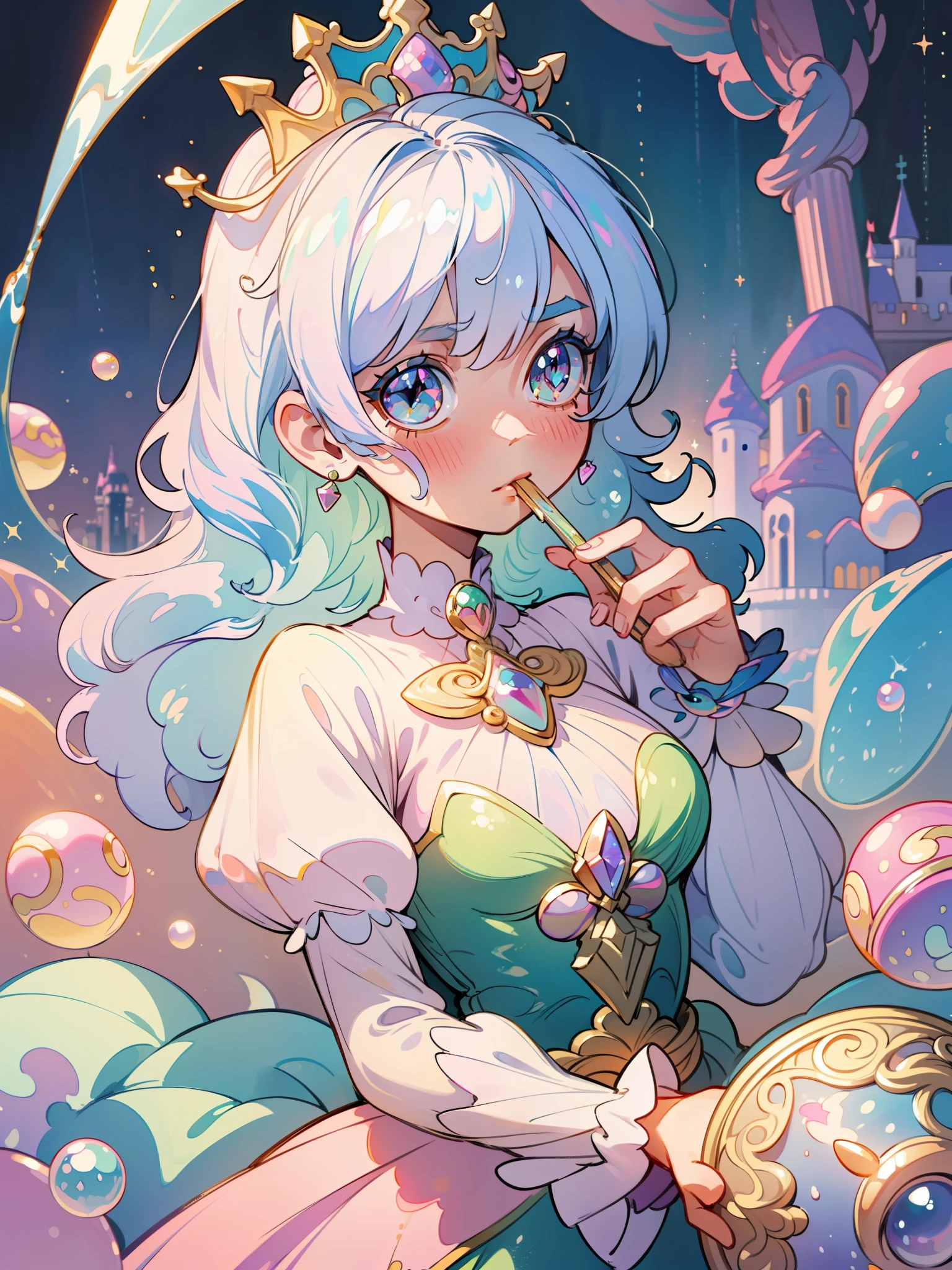 masterpiece, best quality, 8k resolution, sharp focus, intricate detail, beautiful girl, sparkling eyes, golden ratio face, otherworldly liquid, watercolor, ((pastel colors)), bright colors, whimsical, colorful, sharp focus, high resolution, fine detail, princess fantasy ballgown, ((round eyes)), iridescent bubbles, castle landscape in background