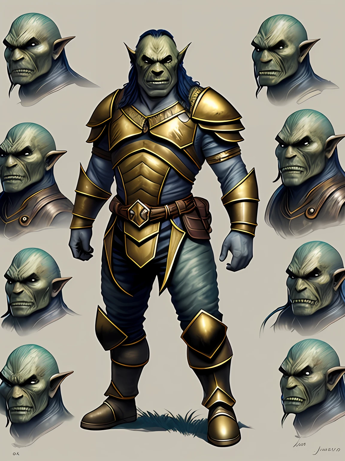 Digital art of a orc with metal armor, by Larry Elmore, by Justin Gerard, concept sheet --auto --s2