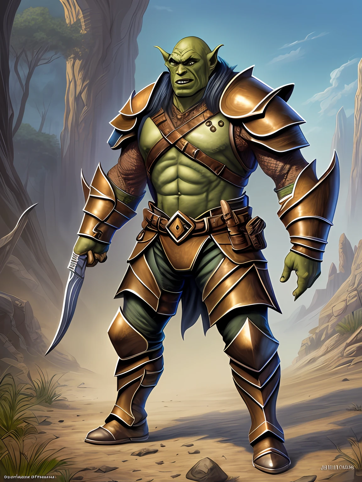 Digital art of a orc with metal armor, by Larry Elmore, by Justin Gerard, concept sheet --auto --s2