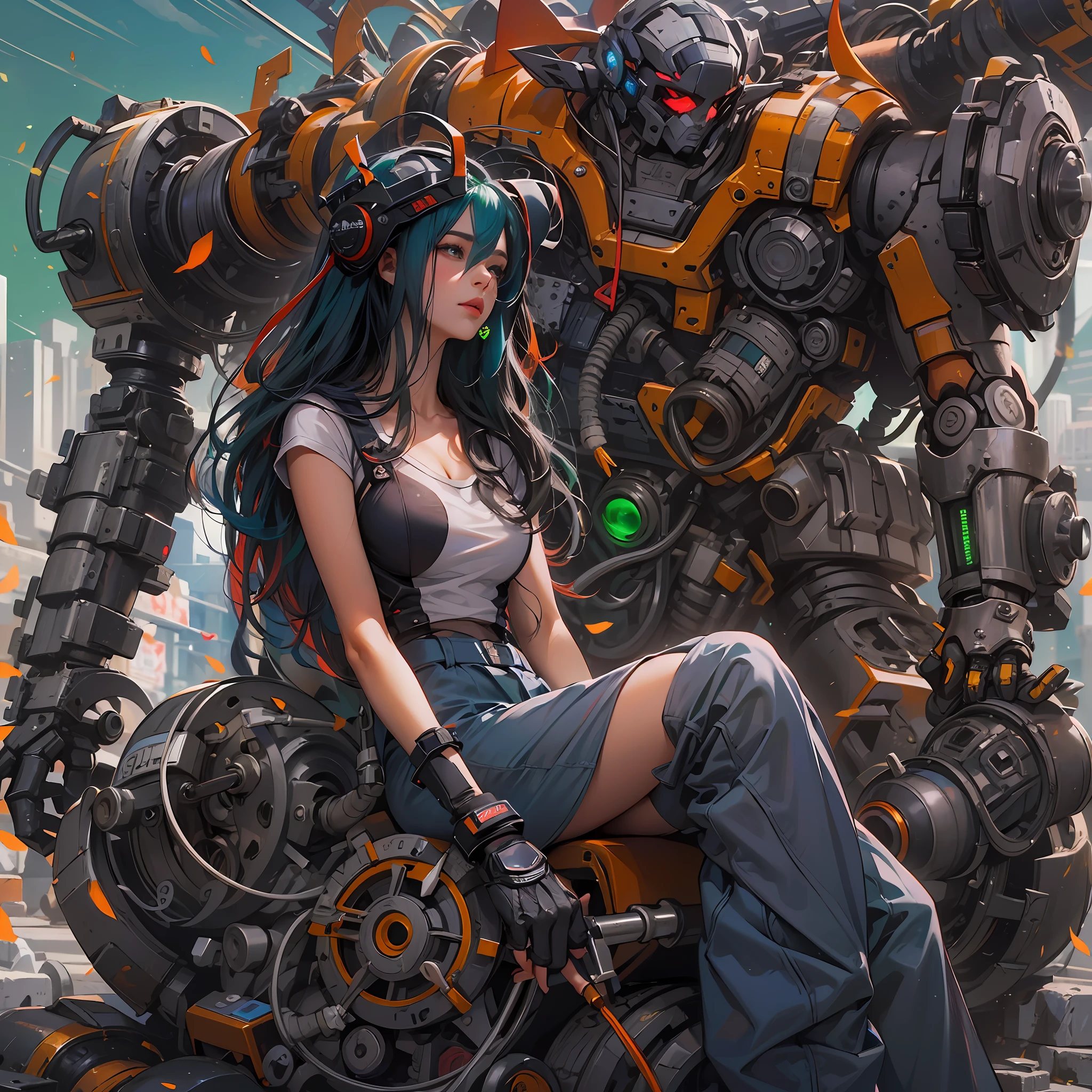 (obra prima), (trending on ArtStation), (hiper detalhado), Girl sitting on top of a giant robotic hand, (design de camisetas), medium breasts, Curvy, grandes olhos sonhadores, (circuitos brilhantes), (cores vibrantes e contrastantes), WMASK, Capuz estilizado cinza com orelhas de coelho, Preto verde vermelho, black pants, sapatos vermelhos, cabelos absurdamente longos, (goo verde brilhante)