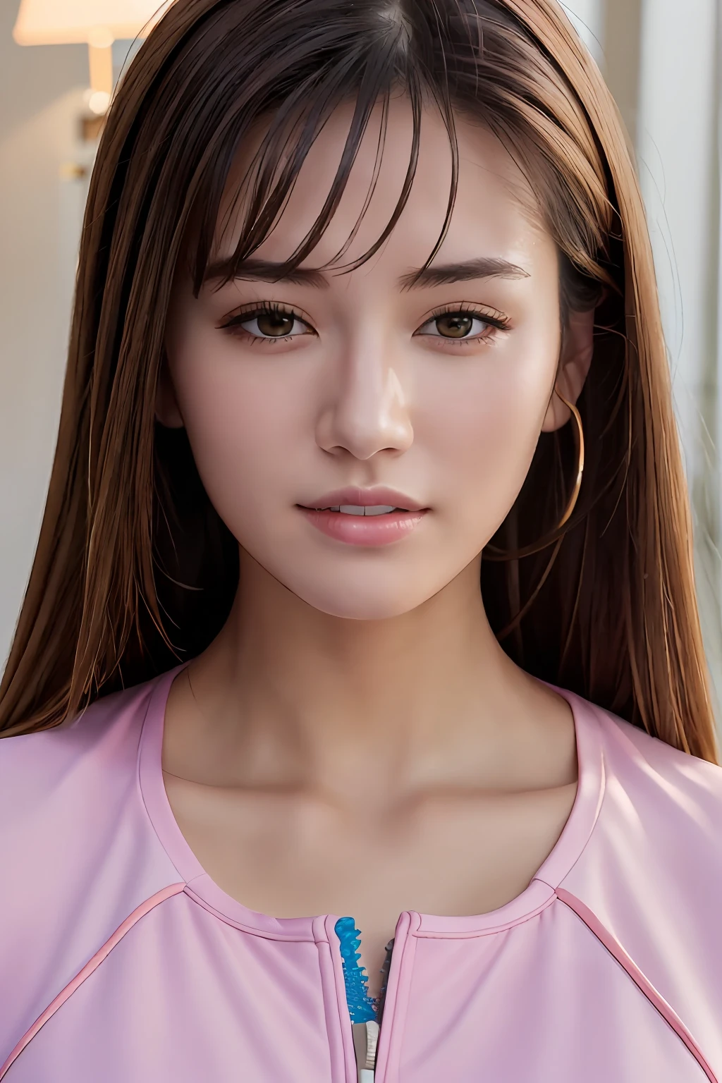 masterpiece, top-quality, 超A high resolution, (Photorealsitic:1.4), beautiful lighting, RAW Photography, 8k UHD, Super detailed face, Realistic lightning, beautiful a girl, Sweet girl, ((Tennis Wear)), tennis coat, longshot, full of shyness, facial close-up, Indoors,