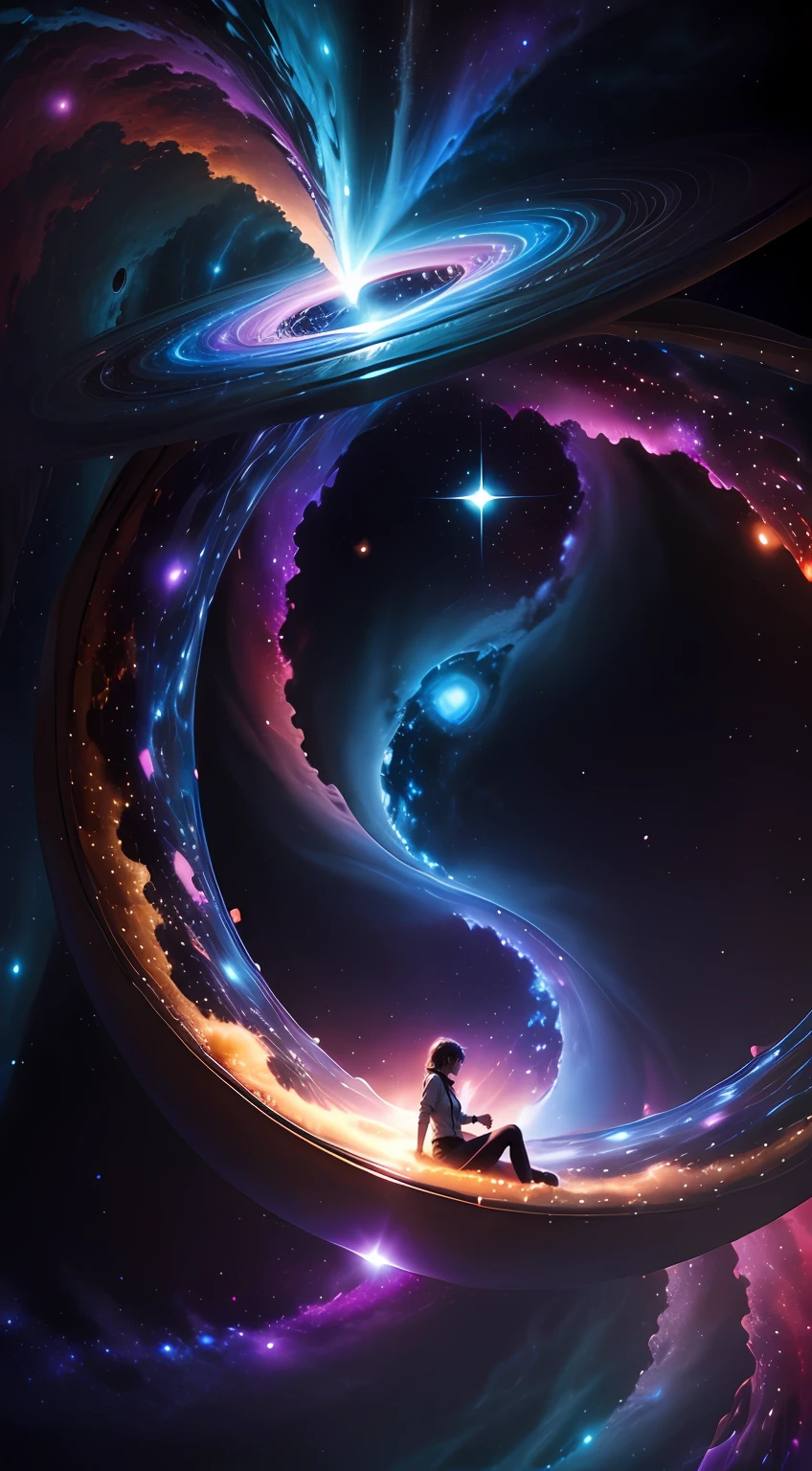 Two people holding hands inside a cosmic whirlpool, Buraco Negro, galaxy, anime scenery, Estilo anime,