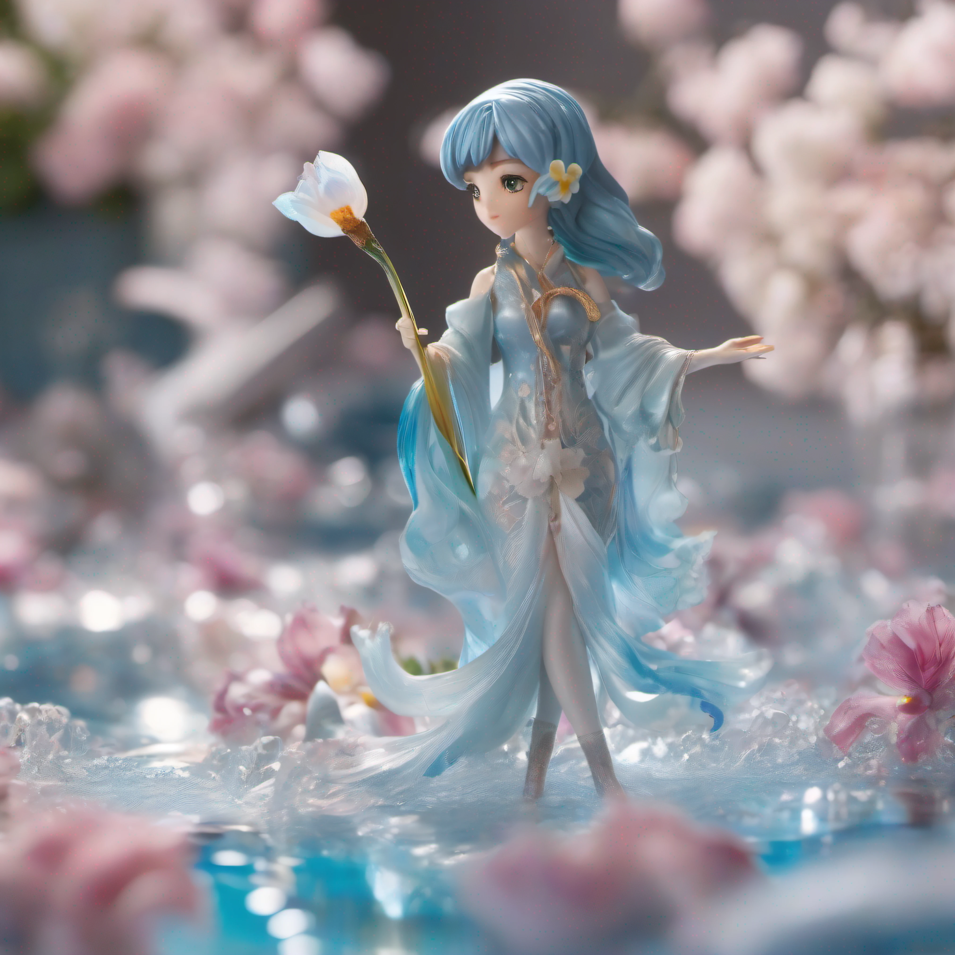 Exquisite blind box collection style, The charming and adorable narcissus confidently manipulates the swirling water column into delicate ice crystals. Displayed in mid-air, Breathtaking glasses come to life with amazing 16K super resolution. The fairy herself is presented in ultra-detailed close-ups, Her unique facial features exude expressiveness. Her eyes, Big and vibrant, beautiful with detail, Has a carefully drawn iris pattern. Light blue splash, Silver, Dazzling crystal white, Pasty pink adorns the palette. Filmed under the direction of Hayao Miyazaki, The scene is undeniably cute, Irresistible kawaii, And show off realistic details, Take the audience into the magical realm of fairies,The water column flew out,Pay attention to the flow of water,the sea