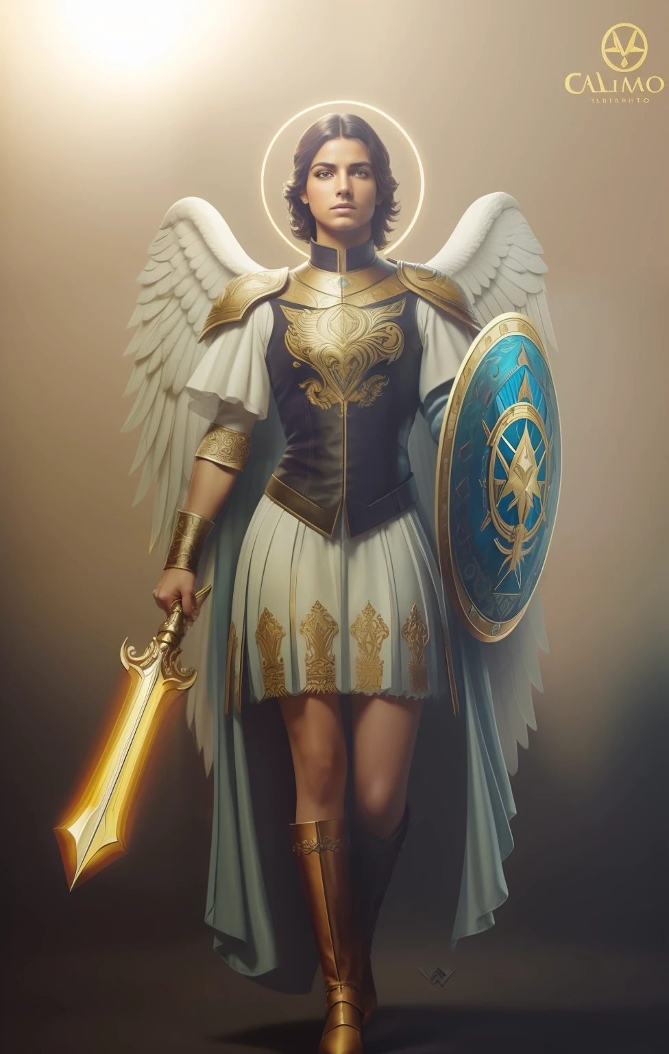 Archangel Michael very manly, con alasmuy grandes, sin barba alguna. En traje de guerrero medieval. con espada y escudo. Joven hombre CAUCASICo. 20 years old. ultra detailed fine art photography, Aura de medianoche, cielo nocturno, Cara hermosa detallada, Dreamy, resplandeciente, retroiluminado, glamur, Mica, sombras, oil on canvas, Pinceladas, Suave, ultra-high def, 8k, Motor Unreal 5, Ultra Sharp Focus, Arte de Alberto Seveso, Artgerm, loish, Sf, Obra maestra de arte intrincada, ominoso, matte paint movie poster, golden ratio, tendencias en CGSociety, intrincado, epopeya, tendencias en Artstation, por artgerm, Altamente detallado, vibrant production cinematic character render ultra high quality model. obra maestra, calidad superior, mejor calidad, arte oficial, beautiful and aesthetic: 1.2), , extremo detallado, colorido, highest detailed, arte oficial, unidad de papel tapiz 8k, ultra detallado, beautiful and aesthetic, hermoso, obra maestra, mejor calidad,