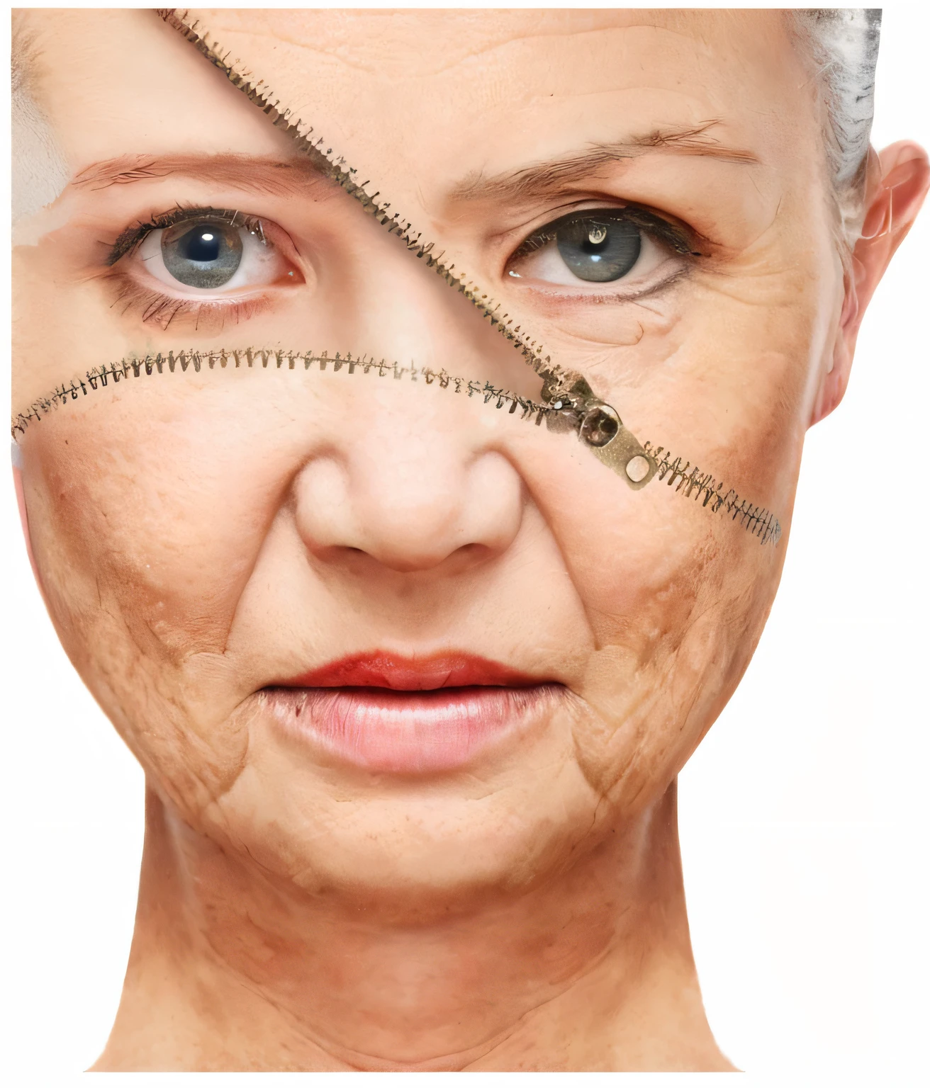 Un primer plano de una mujer con una cremallera en la cara, envejecimiento, arrugas y tejidos musculares, cara arrugada, piel arrugada, mancha oscura y profunda en la piel, cara con melasma profundo, Age lines, Machine parts embedded in the face, peeling skin on the face, Rostro de la mujer, rasgos faciales maduros, cicatrices faciales, skindentation, cicatrices en la cara, maduro, anciana, Primer plano de la cara, Rostro humano real con piel