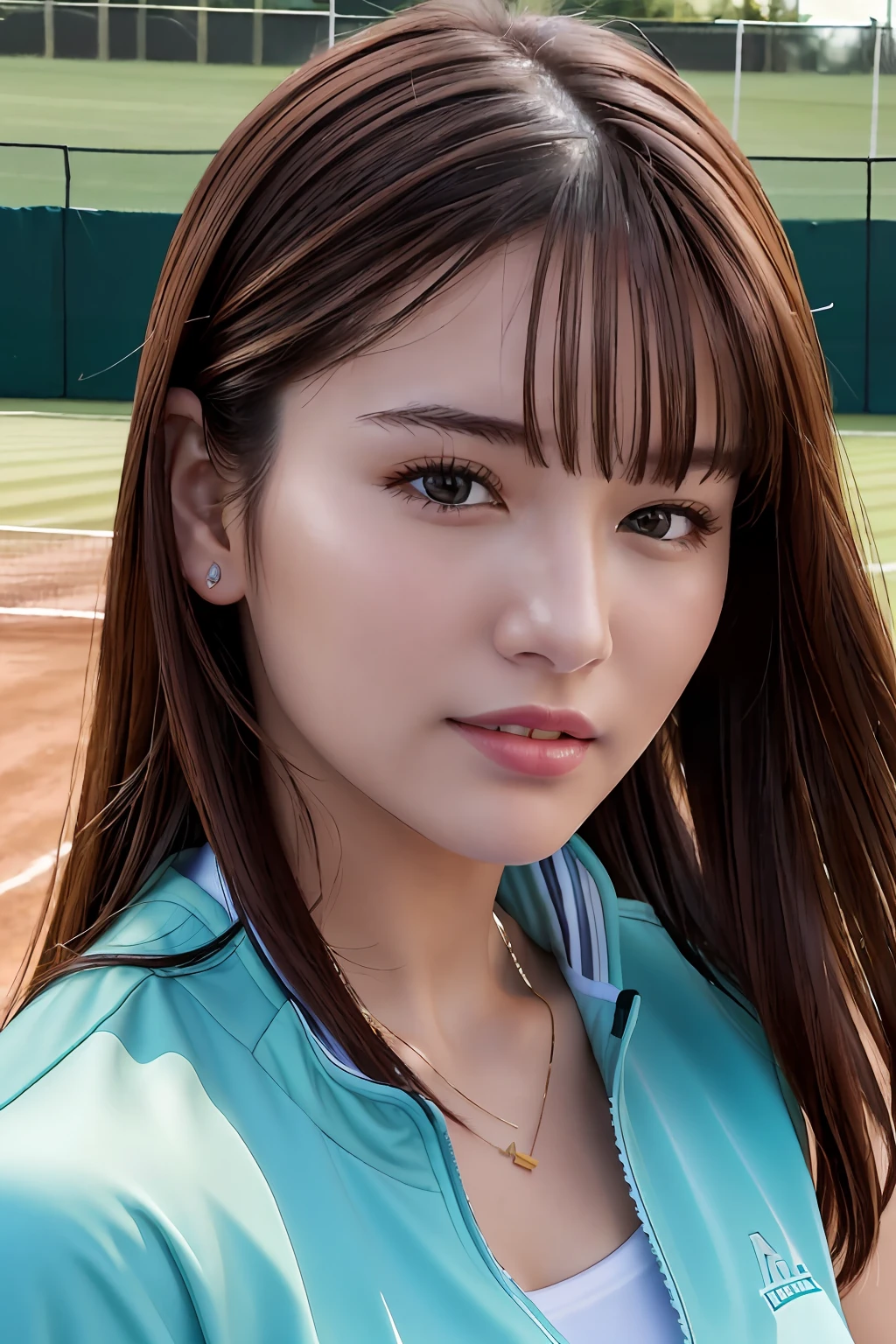 ​masterpiece, top-quality, 超A high resolution, (Photorealsitic:1.4), beautiful  lighting, Raw photography, 8K UHD, Super Detailed Face, Realistic lightning, beautiful a girl, Sweet girl, ((Tennis Wear)), tennis coat, longshot, full of shyness, facial close-up, Sunny tennis court,