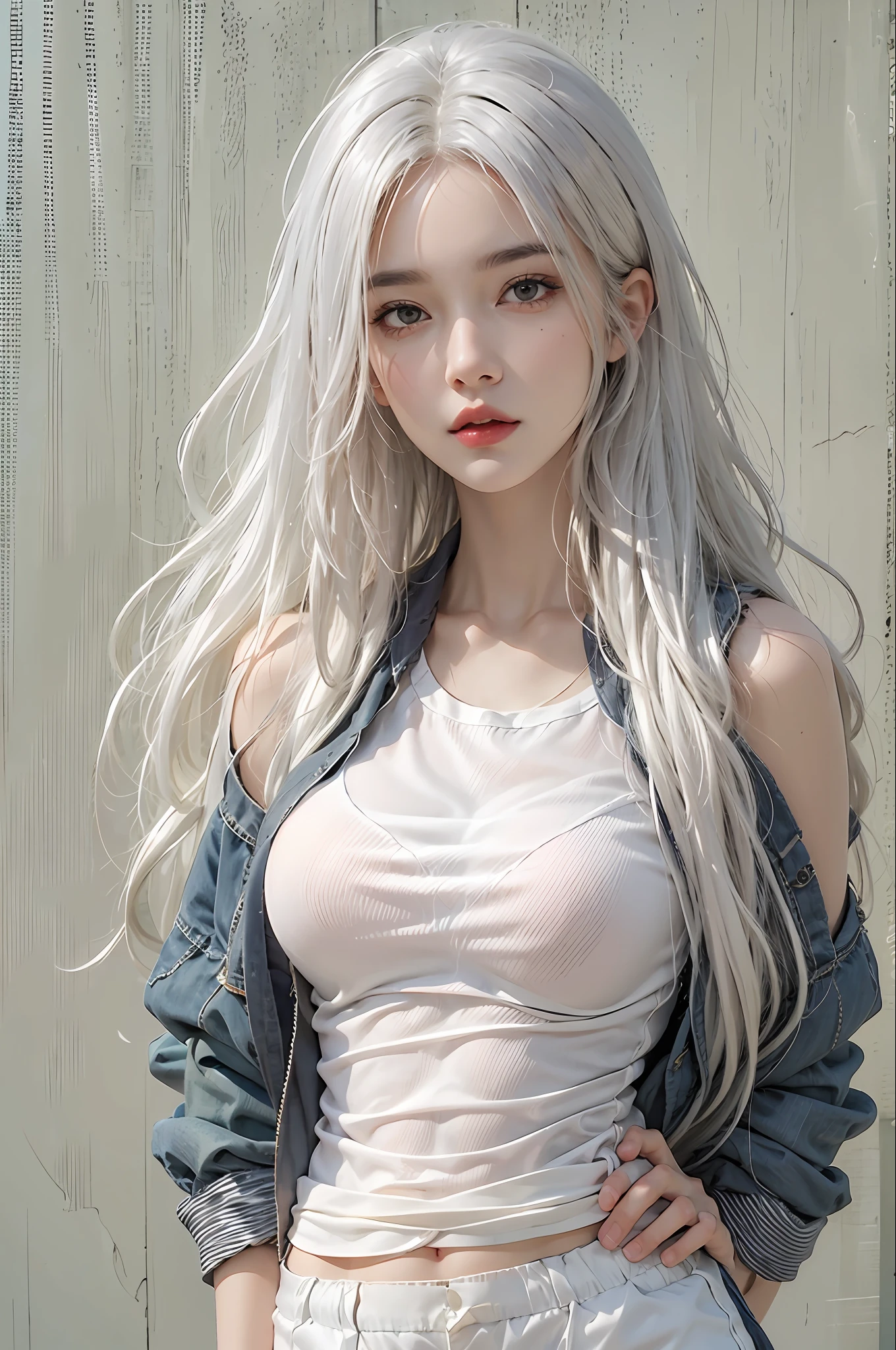 photorealistic, high resolution, 1women, solo, hips up, look at viewer, (detailed face), white hair, long hair, teacher clothes