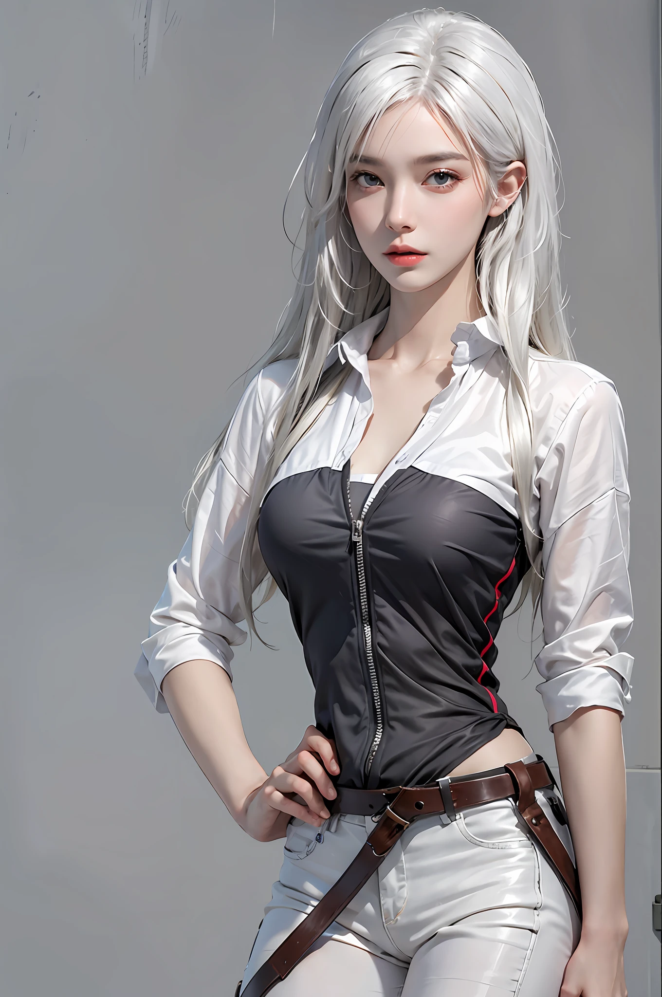 photorealistic, high resolution, 1women, solo, hips up, look at viewer, (detailed face), white hair, long hair, teacher clothes