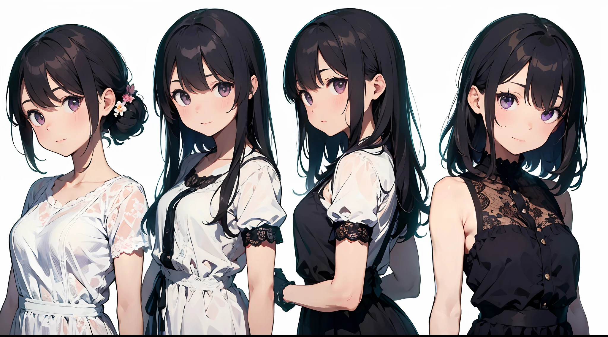 (Masterpiece), Best quality, (character sheets,Same role,frontage,Lateral face,on back), wears a white dress,Purple lace,(White lace gloves,Purple lace),There are flowers on it, Modern art,Lace gloves