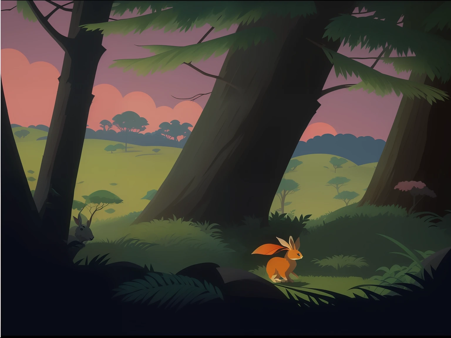There was a rabbit standing in the woods, a forest with bunnies, forest outside, Laurent Durieux, illustration!, Scenes inside the forest, Rabbit standing in the forest, animated movie still, author:Gerrit Pintuquete, author:Jean Helion, animation still screencap, painting of a forest