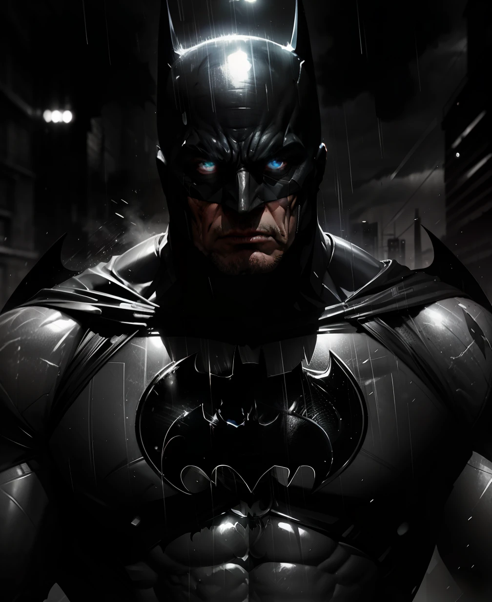 Batman, muscular, highly expressive and detailed face, looking at the viewer, heavy rain, unreal engine 5, 8k.