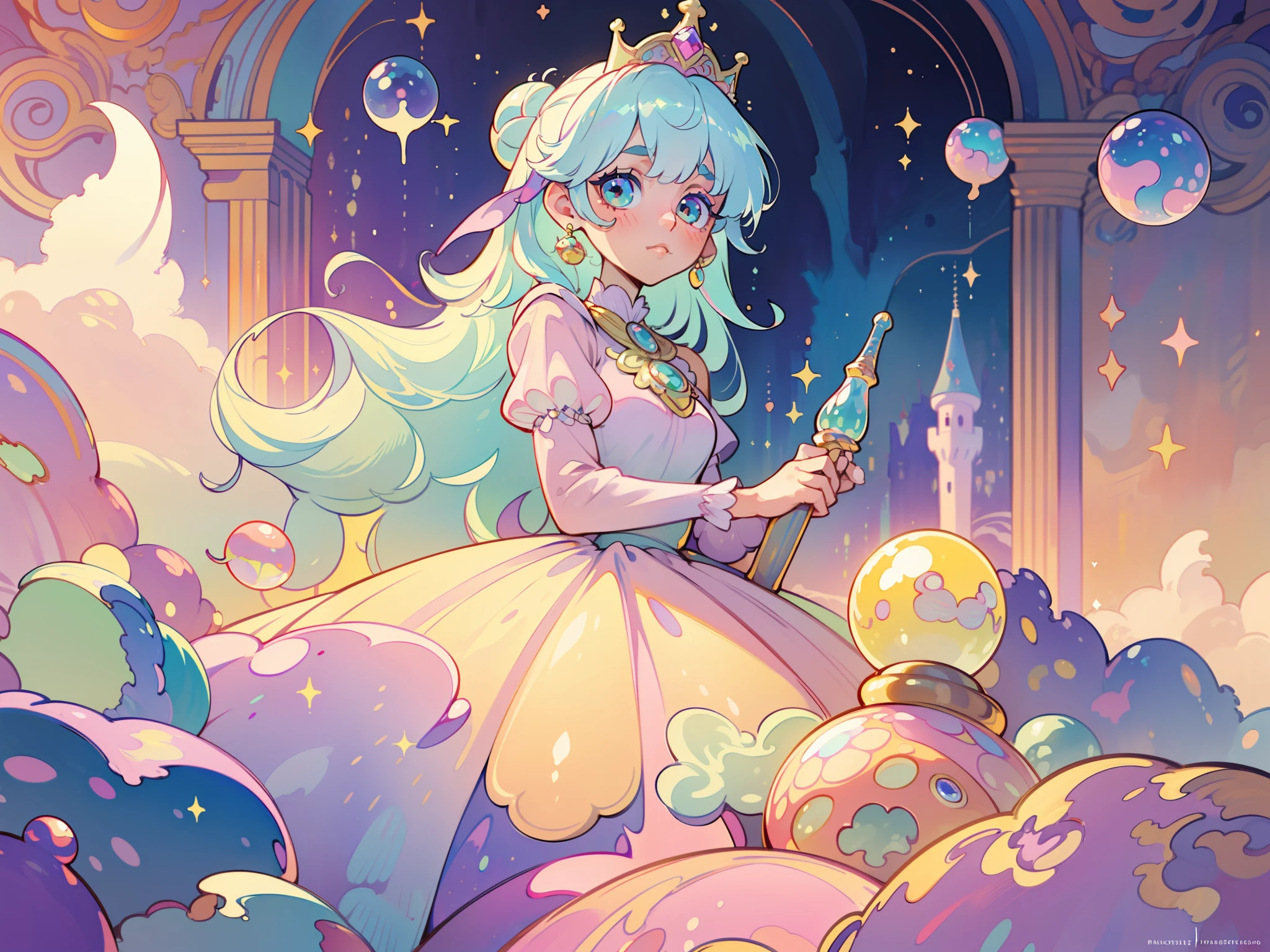 masterpiece, best quality, 8k resolution, sharp focus, intricate detail, beautiful girl, sparkling eyes, golden ratio face, otherworldly liquid, watercolor, ((pastel colors)), bright colors, whimsical, colorful, sharp focus, high resolution, fine detail, princess fantasy ballgown, ((round eyes)), iridescent bubbles, castle landscape in background