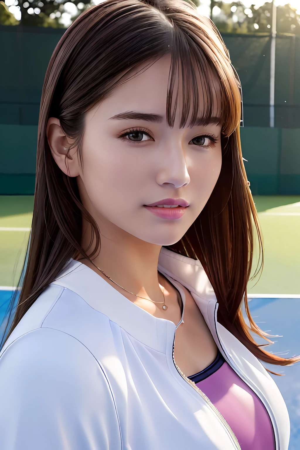 masterpiece, top-quality, 超A high resolution, (Photorealsitic:1.4), beautiful lighting, Raw photography, 8K UHD, Super Detailed Face, Realistic lightning, beautiful a girl, Sweet girl, ((Tennis Wear)), tennis coat, longshot, full of shyness, facial close-up, Sunny tennis court,