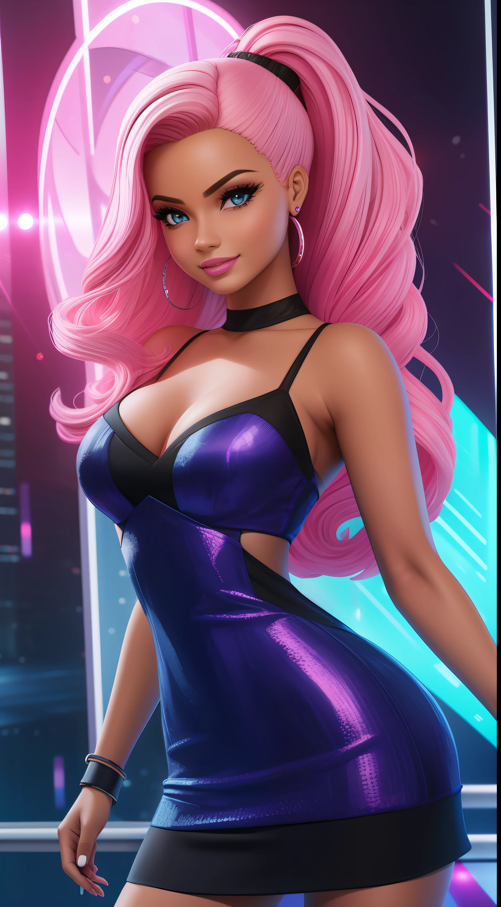 lustração digital, uma mulher feliz com cabelo loiro, Dancing woman, Cyberpunk, vestido de rosa, Escura, olhos azuis iluminados, sorridente, Enquadramento aberto, Comprimento total. estilo barbie, detalhes sobre roupas. beleza angelical.