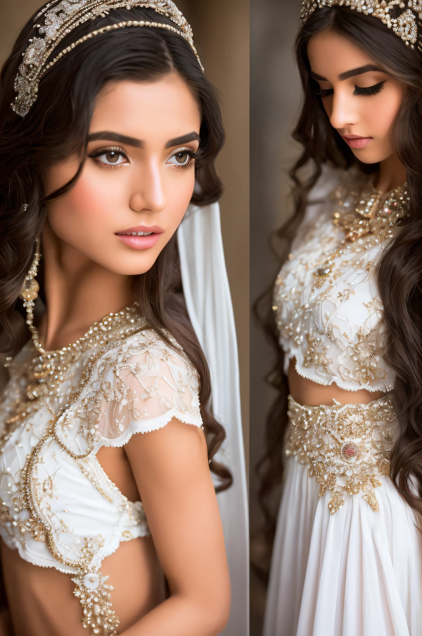 a princess of extraordinary beauty in clothing from the period 486 and 465 BC. of Persia in a palace of that era, (white top: 1.2), hyper-detailed, ultra-sharp, long hair, 8k, (insanely detailed:1.5), full-body photography, 20 megapixels, canon eos r3, detailed skin,