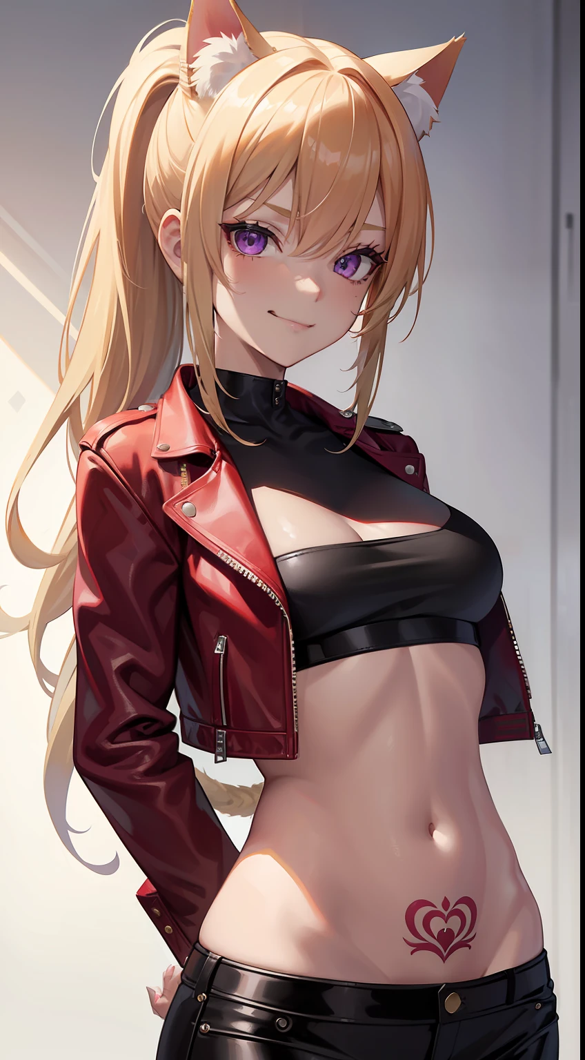 young girl, longue blonde hair, high ponytail, cat ears, violet eyes, red leather jacket, briefs, open belly, open breasts, tattoo, Scars, smirk, cigarette, Masterpiece, hiquality