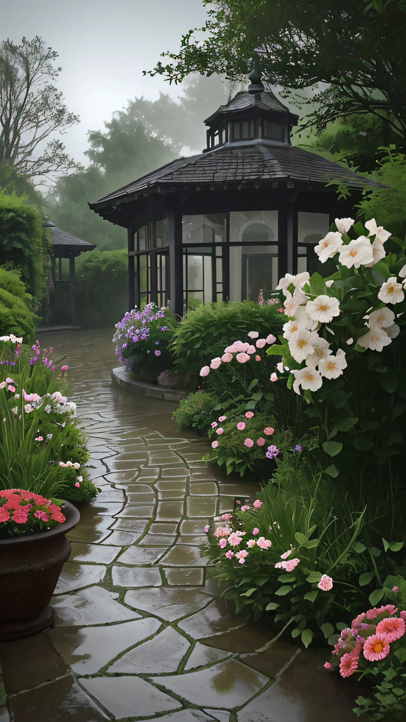 raining day，There is a path to the house，The path is full of water，It's drizzling，Flowers in front, Beautiful garden, Misty Garden, quiet and serene atmosphere, flowers garden, beautiful ancient garden behind, Garden background, Garden landscape, Realistic garden, flowers rain everywhere, lush garden in the background, beautiful house on a forest path, soothing and cozy landscape,