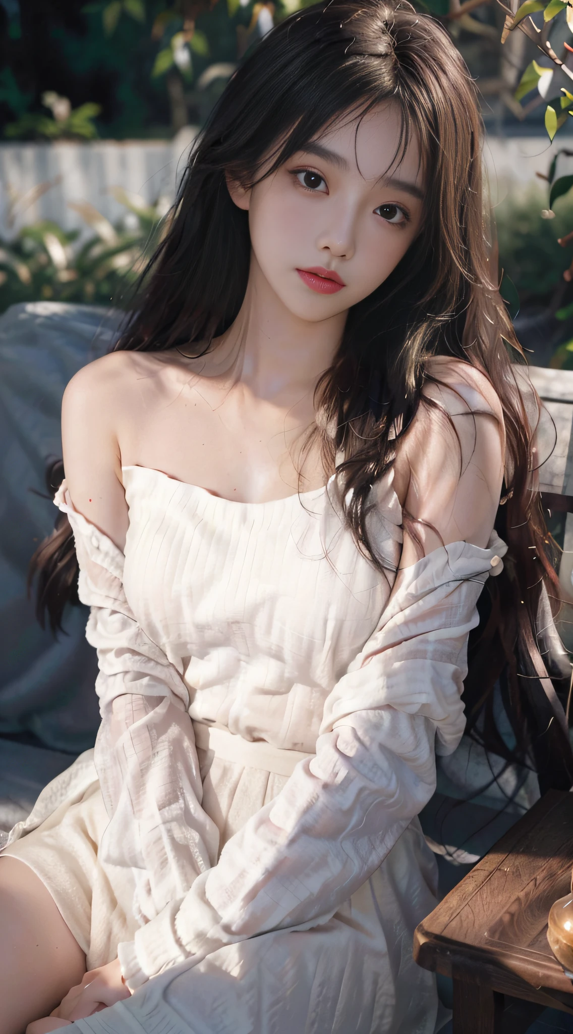 film portrait photography, 1girl, bare shoulders, wavy shoulder-length hair, serene, calm, (realistic detailed eyes, natural skin texture, realistic face details), soft dramatic lighting, depth of field, bokeh, vibrant details, finely detailed, hyperrealistic, 35mm film, hazy blur