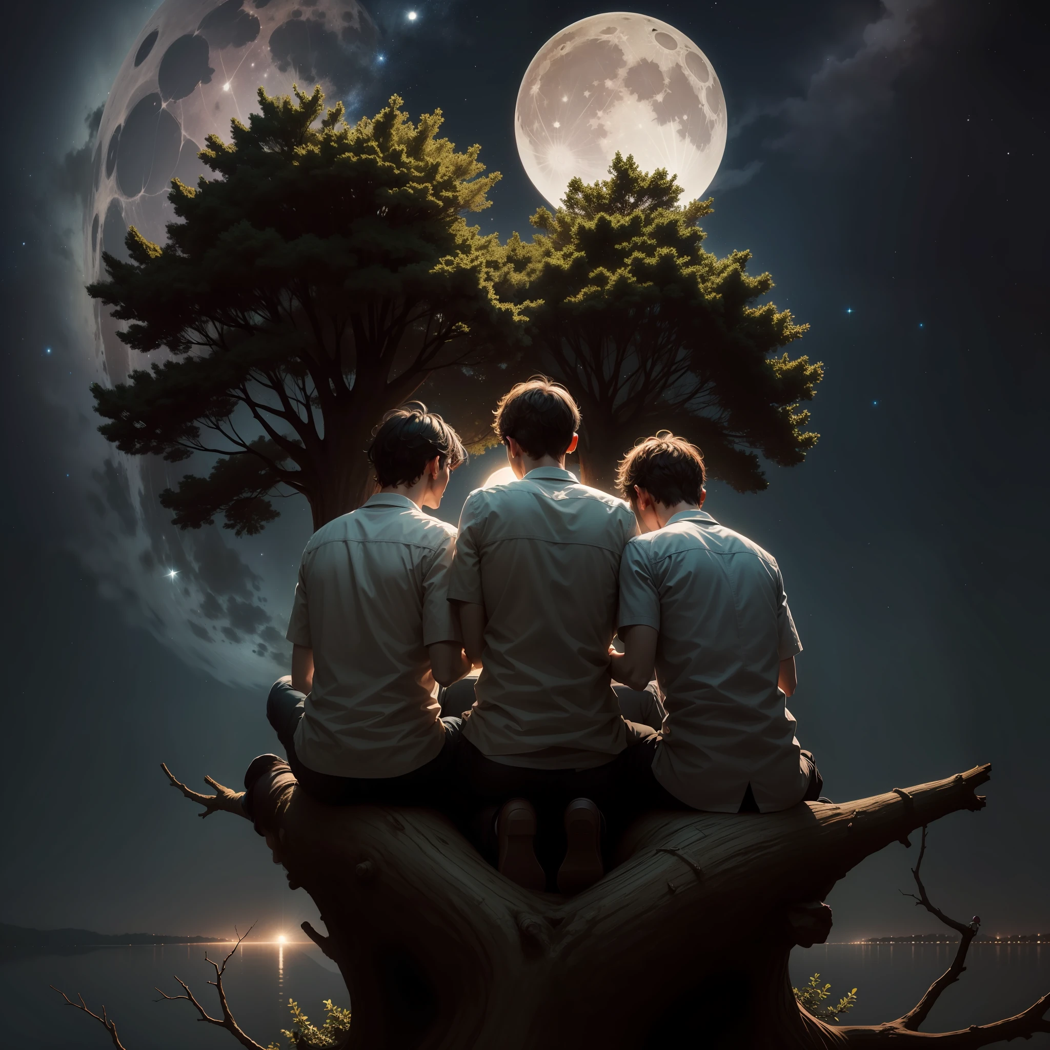 A three man sitting on the tree branch in a dark night with full of stars and big moon