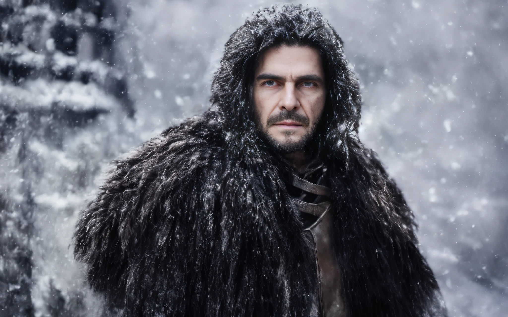 A breathtaking photograph capturing the essence of Shonn Snow from the Game of Thrones series. The image showcases Shonn Snow, dressed in his iconic Night's Watch black cloak, standing atop the snowy cliffs of the Wall. With his fierce gaze and windswept hair, he exudes power and determination. The photograph combines both realism and elements of fantasy, as the snow-covered landscape creates a stunning backdrop for Shonn Snow's towering figure. His fur-lined hood and leather gloves suggest a frigid winter atmosphere, while the piercing blue eyes reflect both strength and vulnerability. The image captures a moment frozen in time, symbolizing the ongoing battle for power and survival in the Game of Thrones universe. The intricate details and masterful use of light and shadow make this photograph a true work of art, reminiscent of a captivating oil painting that evokes a sense of adventure and intrigue