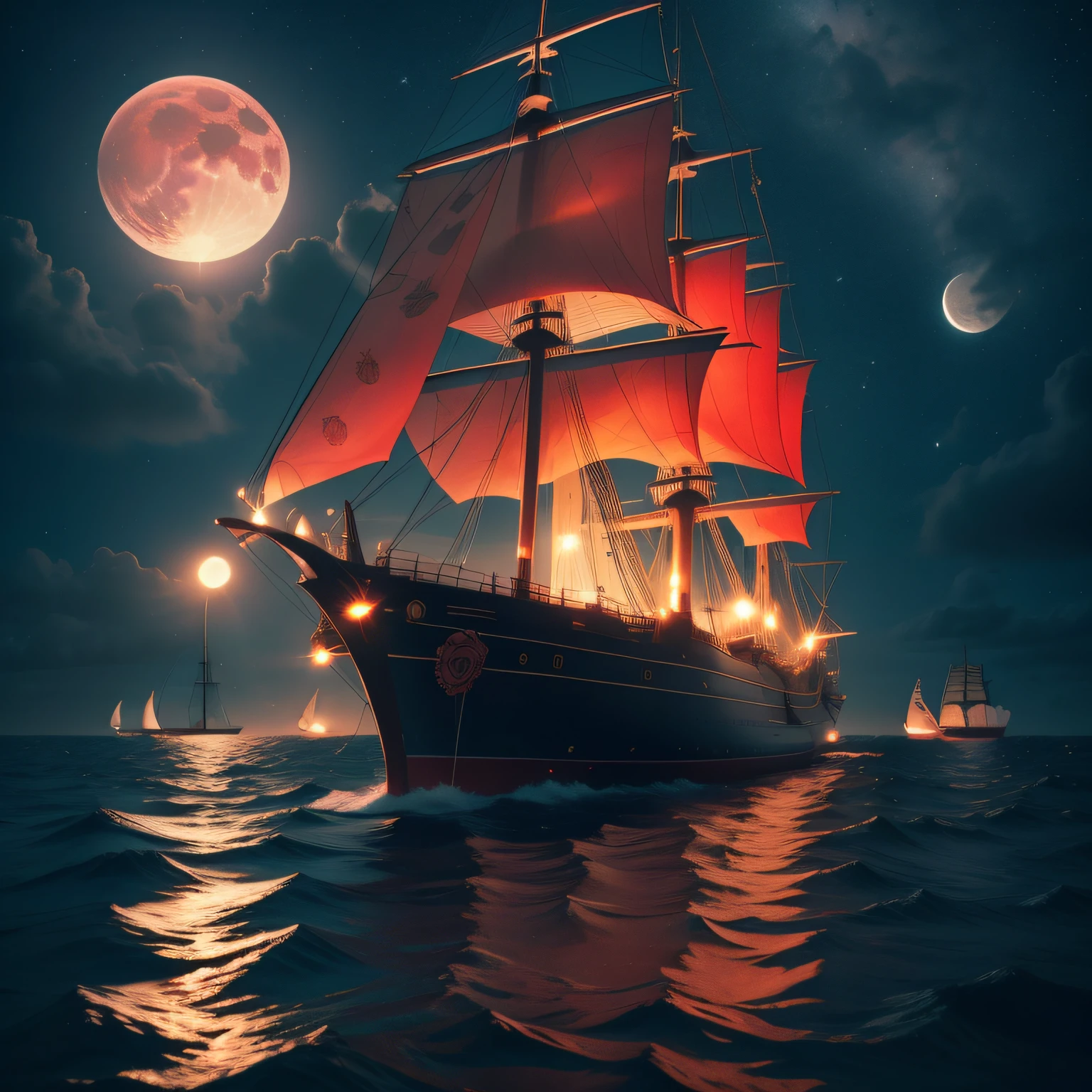 Puss in Boots，Tyndall lamps, Bright moon, Bright starry sky, Several sailing ships at sea, Giant sailing ships, Many red roses float in the sea, 3d effect, illusory engine, Surreal, Surreal, Super dreamy, High definition, Beautiful Ethereal Wonderland HD，the wallpaper，，rendering by octane，32K