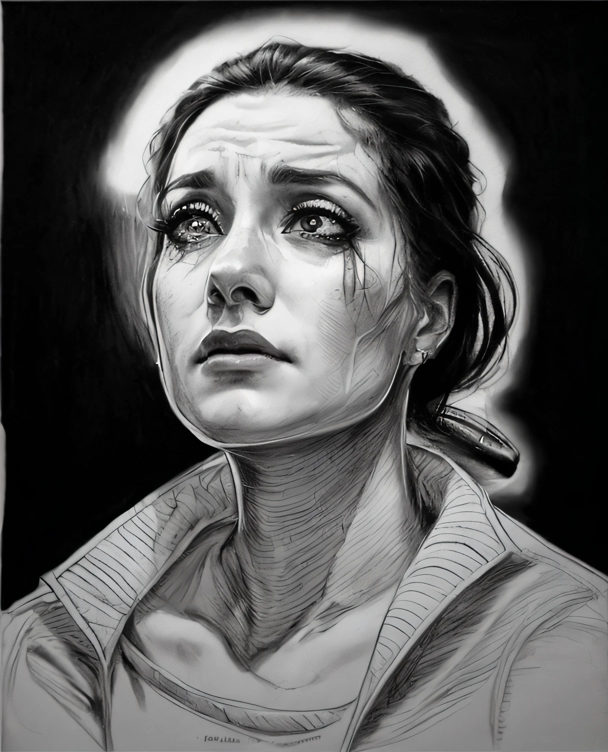 um desenho de uma mulher treiste, mulher chorando, sketchfab , realistic sketch, fan art, Fanart, desenho de grafite preto e branco, Photorealistic drawing, desenho fino, grafite realista, desenho realista, desenhado em um estilo neo - noir, realistic pencil drawing, cena triste, dramatic illustration, closeup retrato da cena do filme, boca de mulher que quer chorar