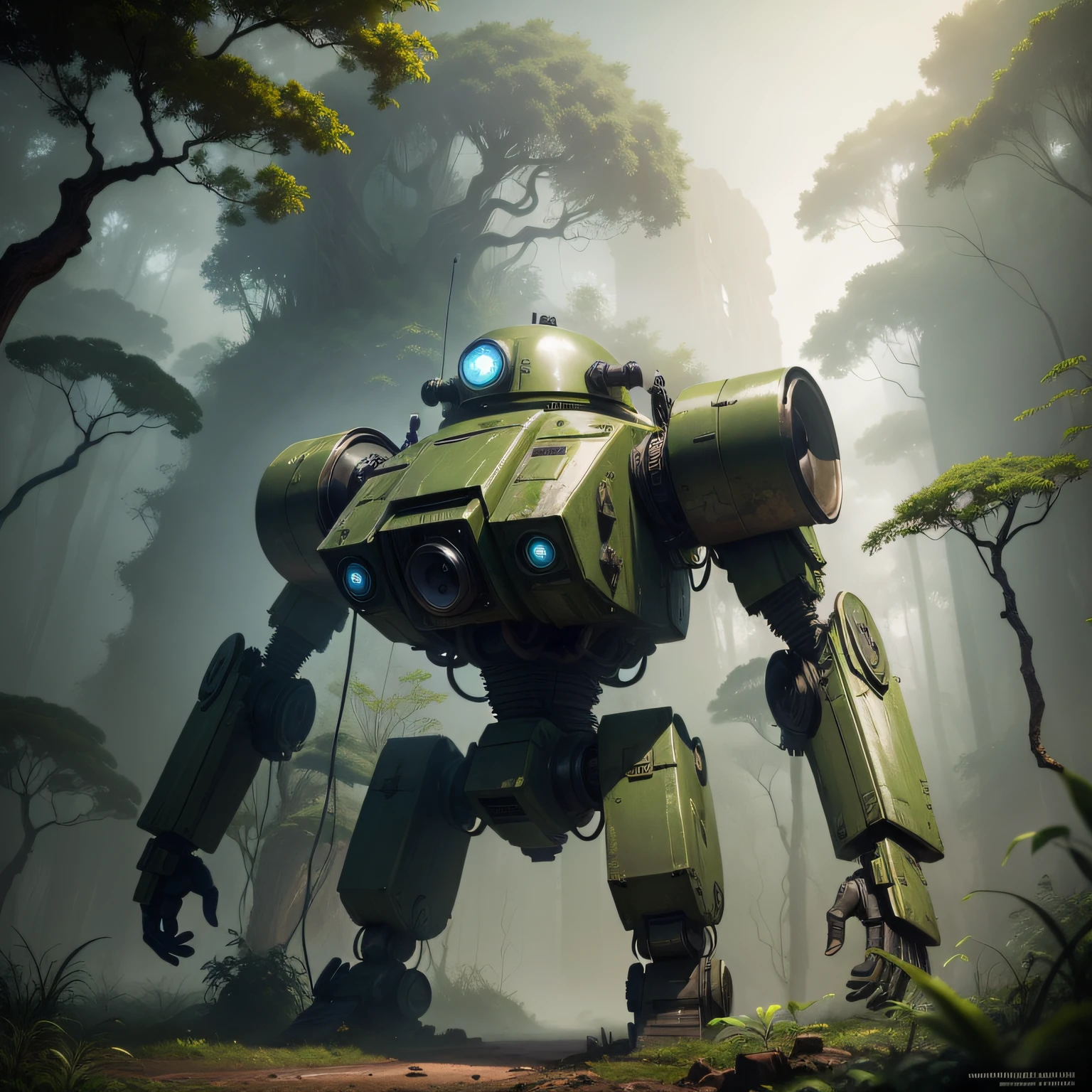 a plant，Old jungle，mossy，droid，mechs，Fog，scientific fiction，Forgotten，filmposter
