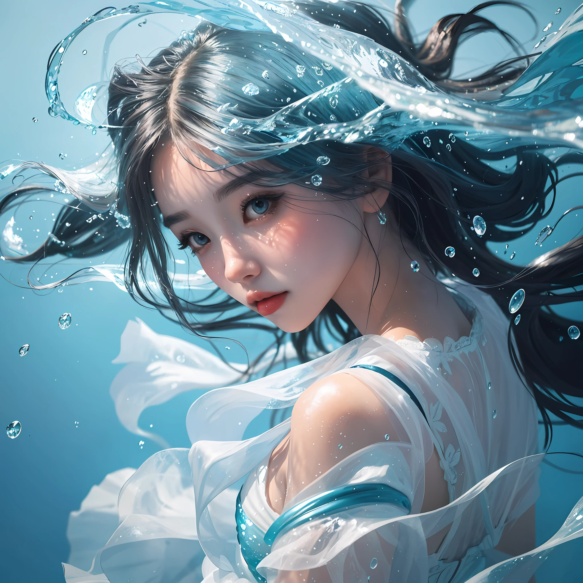 a close up of a woman in a white dress under water, wallpaper anime blue water, artwork in the style of guweiz, closeup fantasy with water magic, by Yang J, guweiz, a beautiful artwork illustration, water fairy, beautiful digital artwork, beautiful digital illustration, by Li Song, in the art style of bowater, beautiful anime portrait