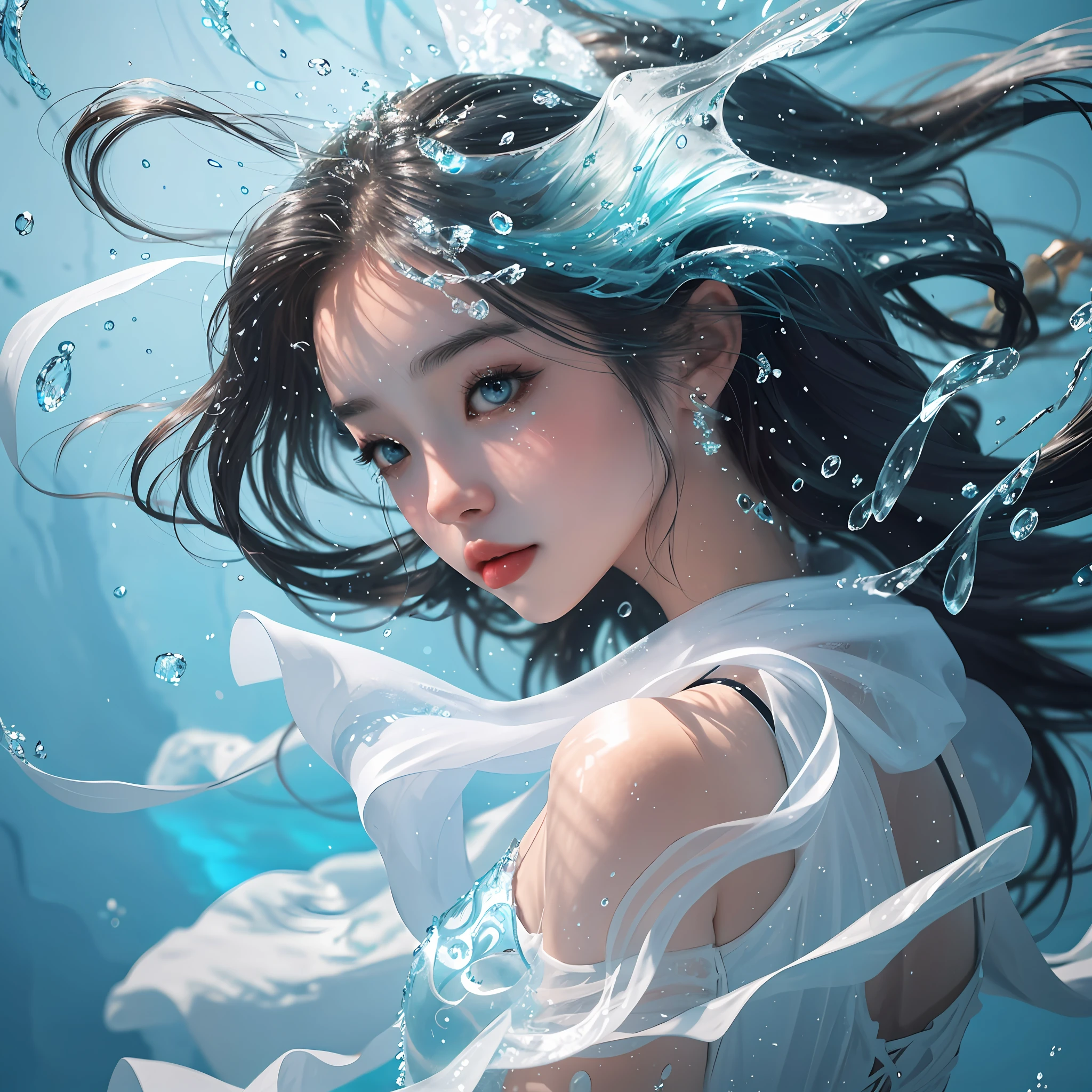 a close up of a woman in a white dress under water, wallpaper anime blue water, artwork in the style of guweiz, closeup fantasy with water magic, by Yang J, guweiz, a beautiful artwork illustration, water fairy, beautiful digital artwork, beautiful digital illustration, by Li Song, in the art style of bowater, beautiful anime portrait