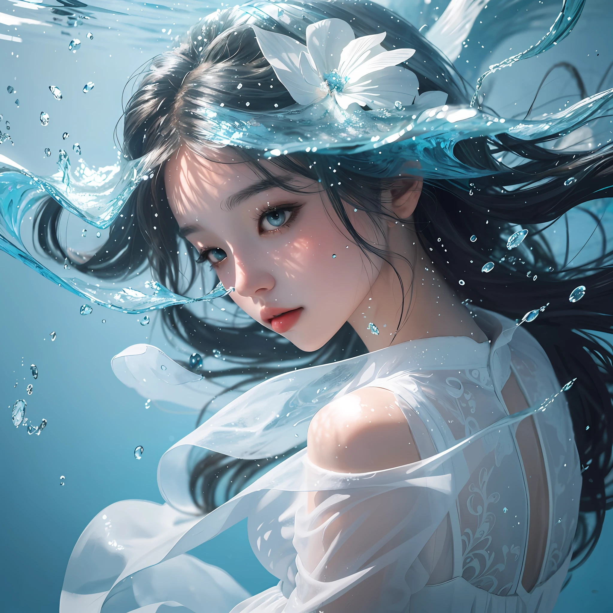 a close up of a woman in a white dress under water, wallpaper anime blue water, artwork in the style of guweiz, closeup fantasy with water magic, by Yang J, guweiz, a beautiful artwork illustration, water fairy, beautiful digital artwork, beautiful digital illustration, by Li Song, in the art style of bowater, beautiful anime portrait